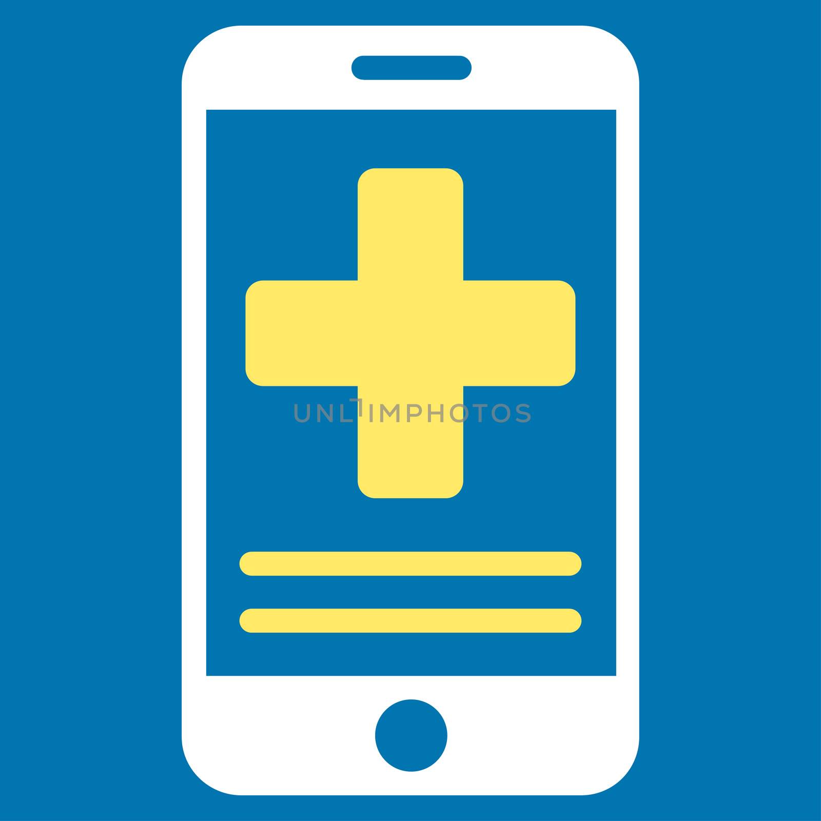 Online Medical Data raster icon. Style is bicolor flat symbol, yellow and white colors, rounded angles, blue background.
