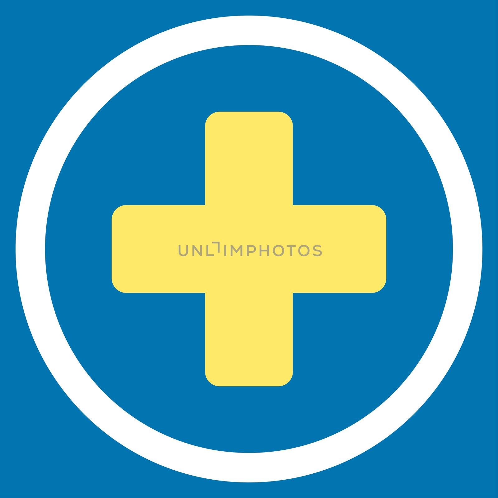 Rounded Plus raster icon. Style is bicolor flat symbol, yellow and white colors, rounded angles, blue background.
