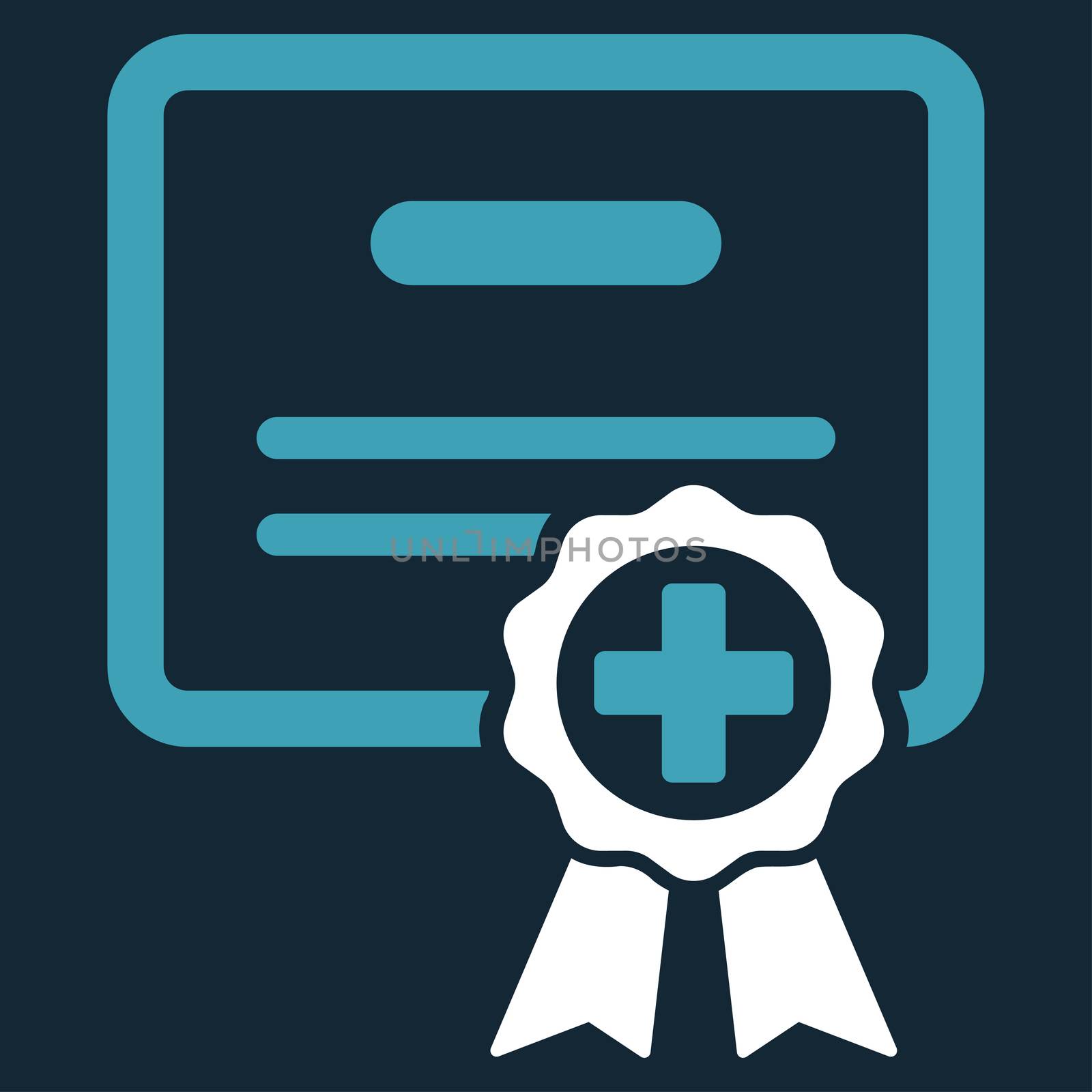 Certification raster icon. Style is bicolor flat symbol, blue and white colors, rounded angles, dark blue background.
