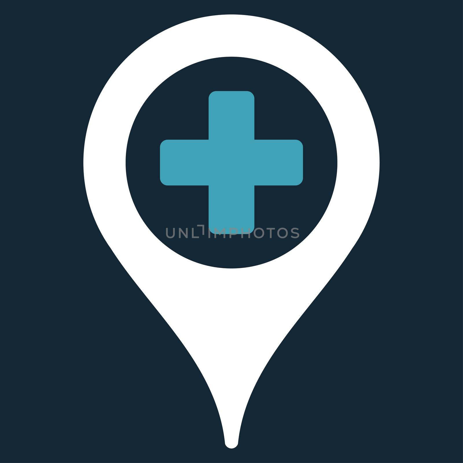 Clinic Pointer raster icon. Style is bicolor flat symbol, blue and white colors, rounded angles, dark blue background.