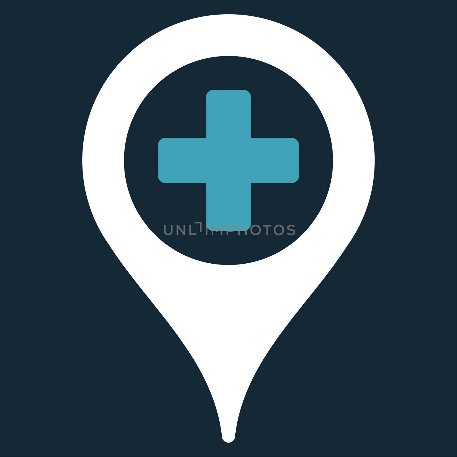 Clinic Pointer raster icon. Style is bicolor flat symbol, blue and white colors, rounded angles, dark blue background.