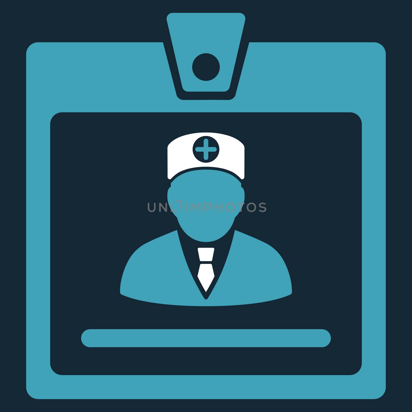 Doctor Badge raster icon. Style is bicolor flat symbol, blue and white colors, rounded angles, dark blue background.