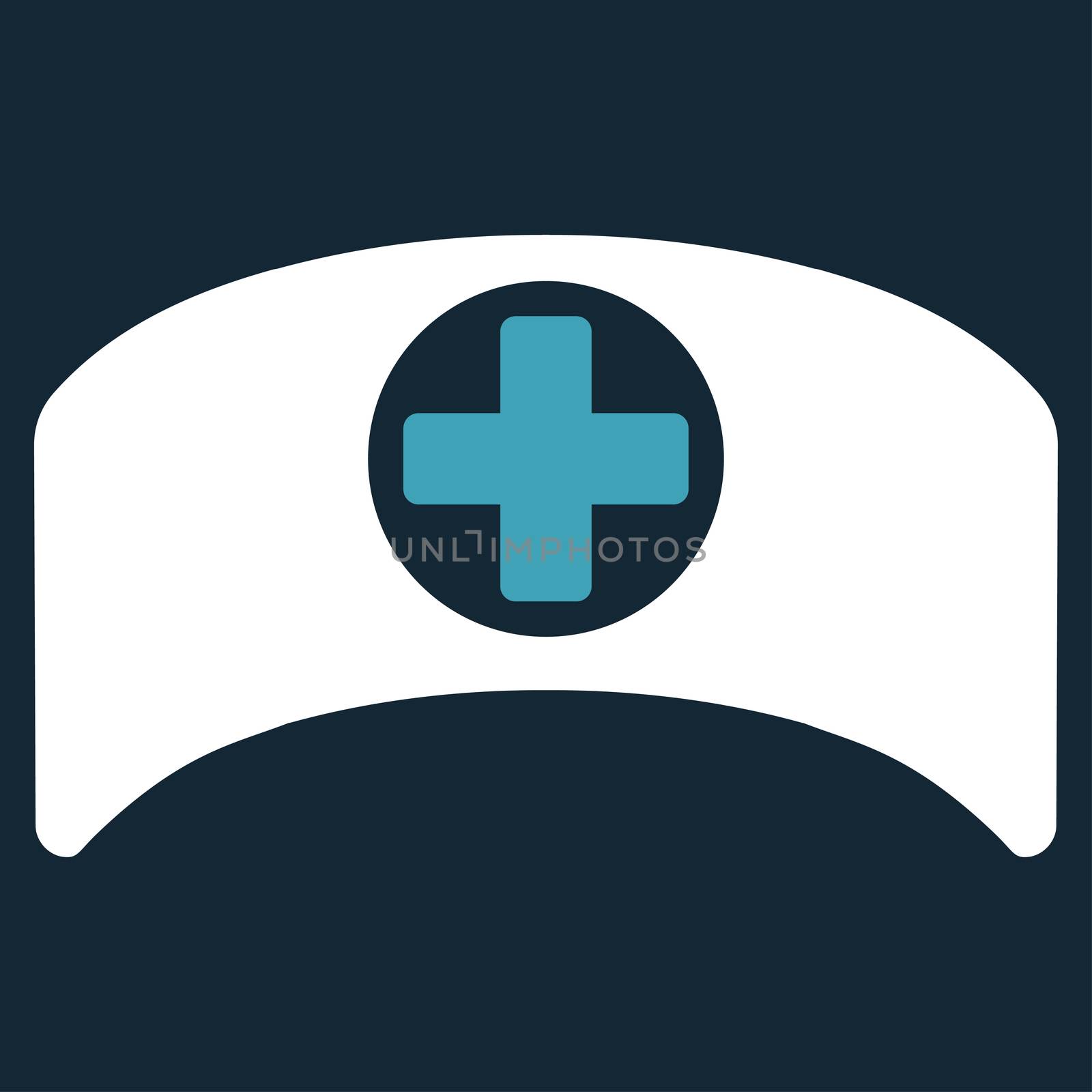 Doctor Cap raster icon. Style is bicolor flat symbol, blue and white colors, rounded angles, dark blue background.