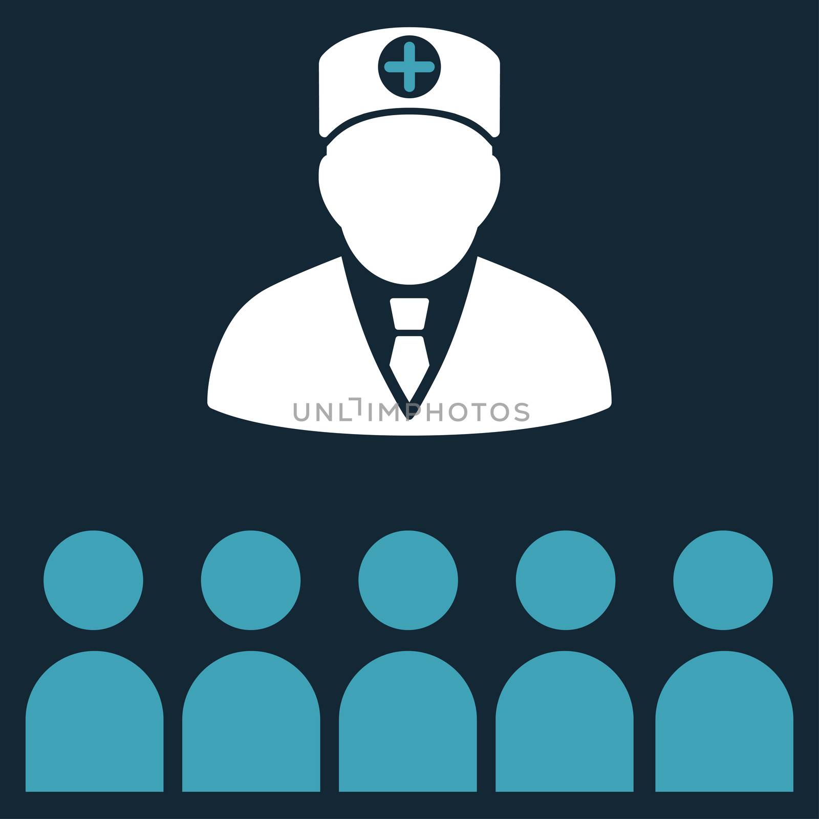 Doctor Class raster icon. Style is bicolor flat symbol, blue and white colors, rounded angles, dark blue background.