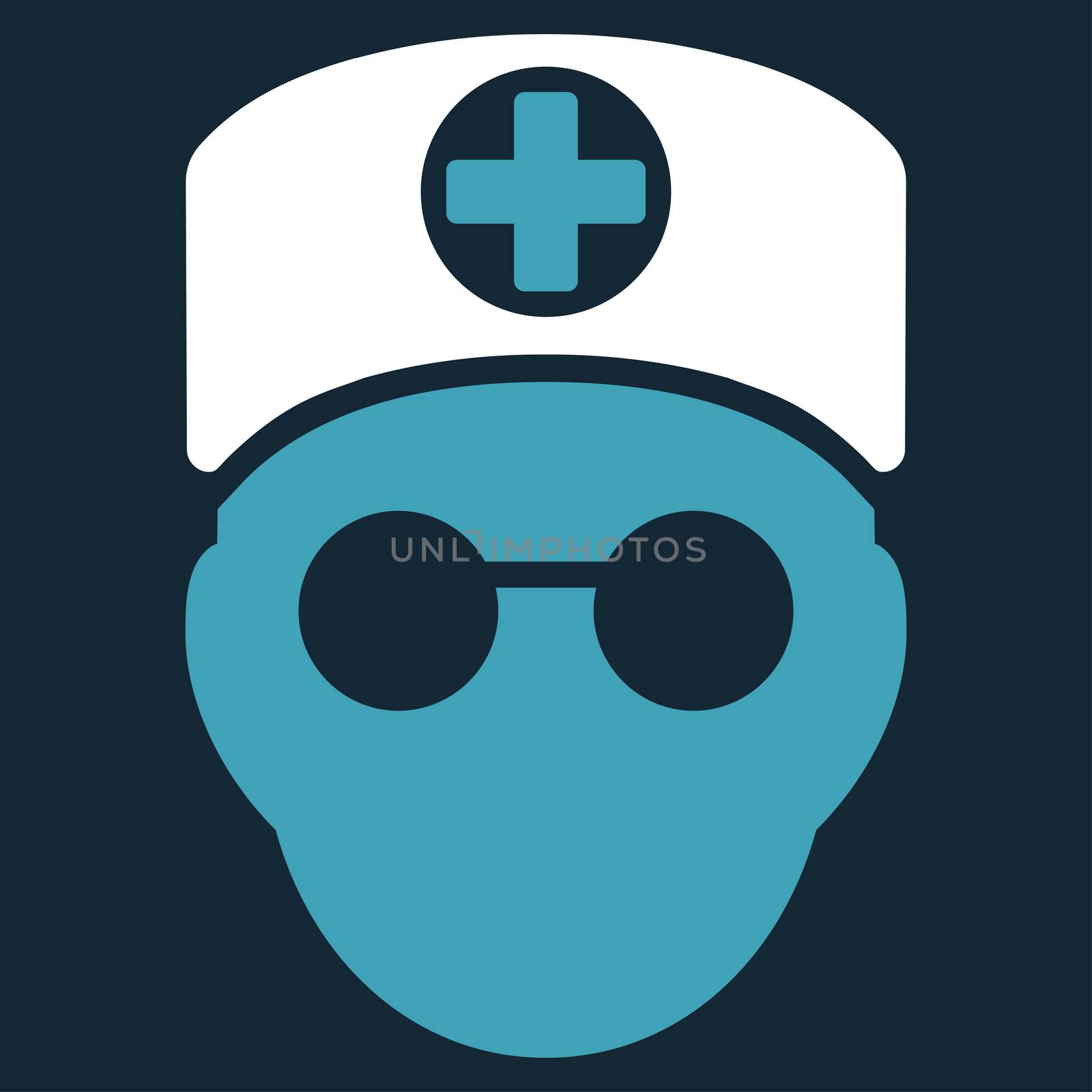 Doctor Head raster icon. Style is bicolor flat symbol, blue and white colors, rounded angles, dark blue background.