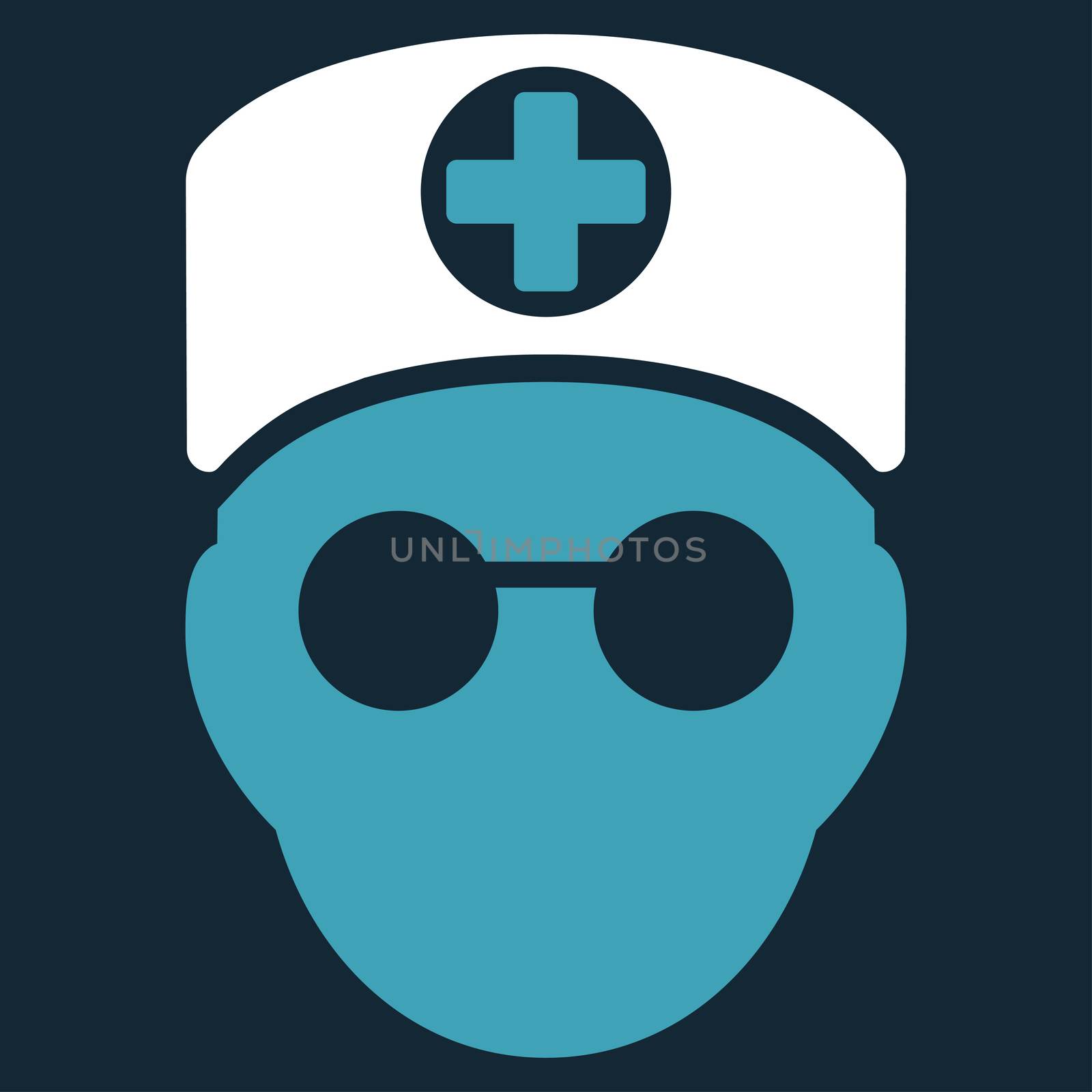 Doctor Head raster icon. Style is bicolor flat symbol, blue and white colors, rounded angles, dark blue background.