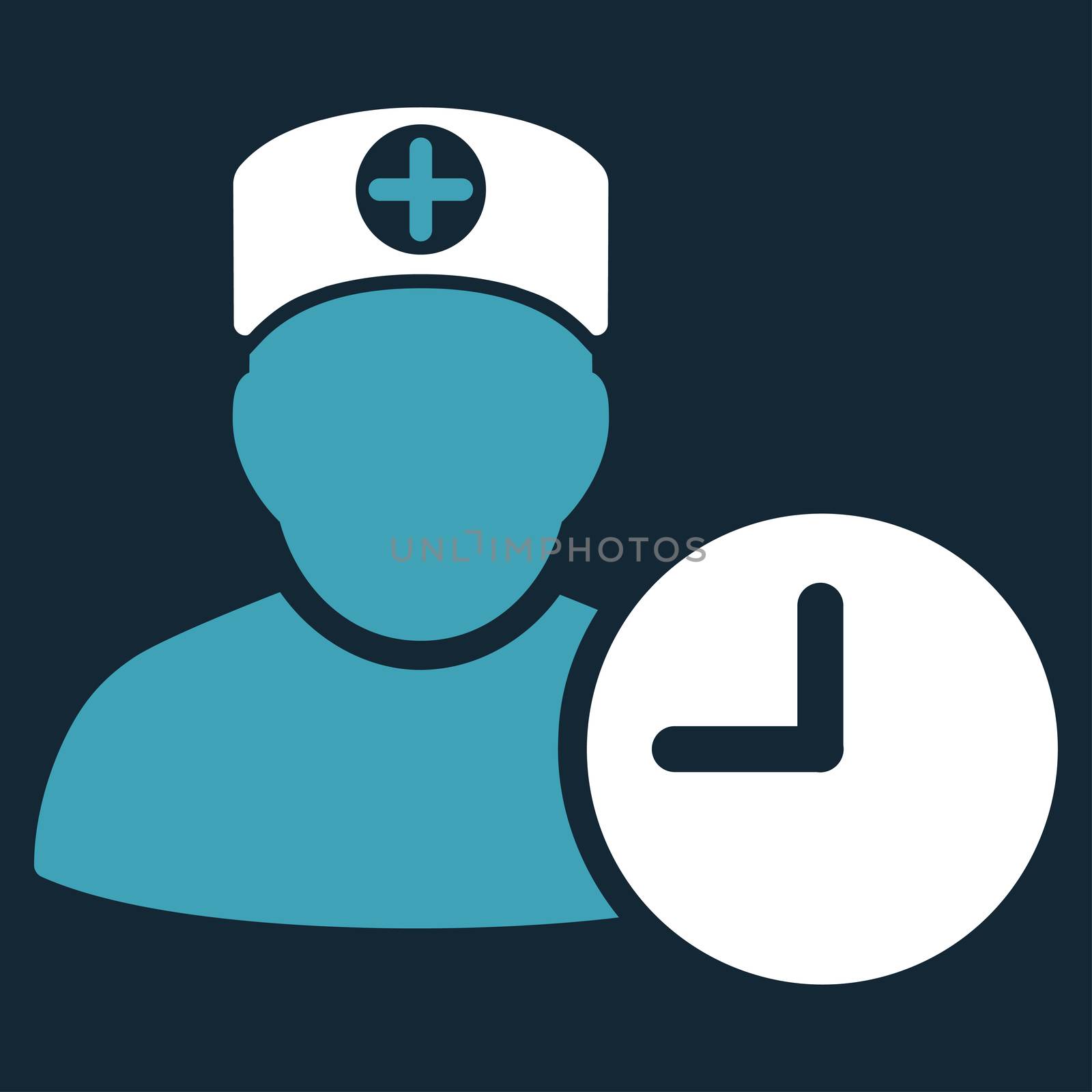 Doctor Schedule raster icon. Style is bicolor flat symbol, blue and white colors, rounded angles, dark blue background.