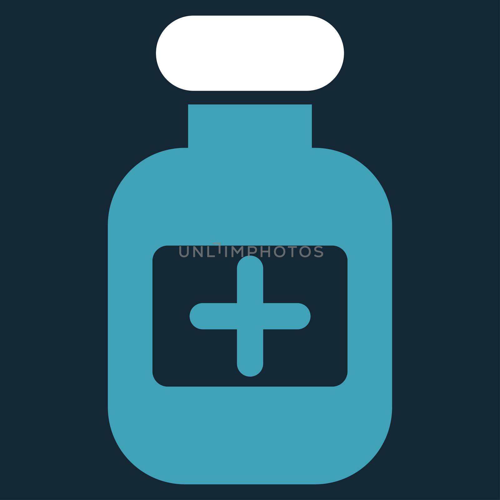 Drugs Bottle raster icon. Style is bicolor flat symbol, blue and white colors, rounded angles, dark blue background.