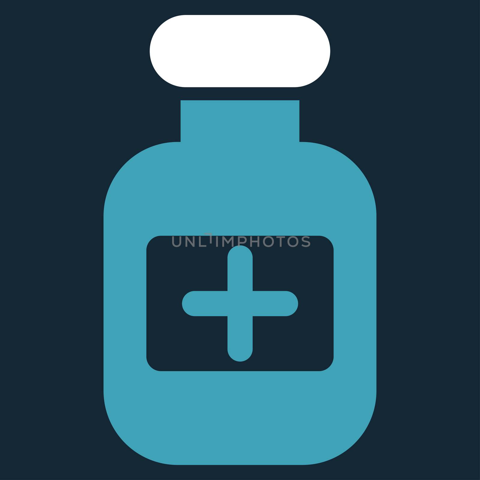 Drugs Bottle raster icon. Style is bicolor flat symbol, blue and white colors, rounded angles, dark blue background.