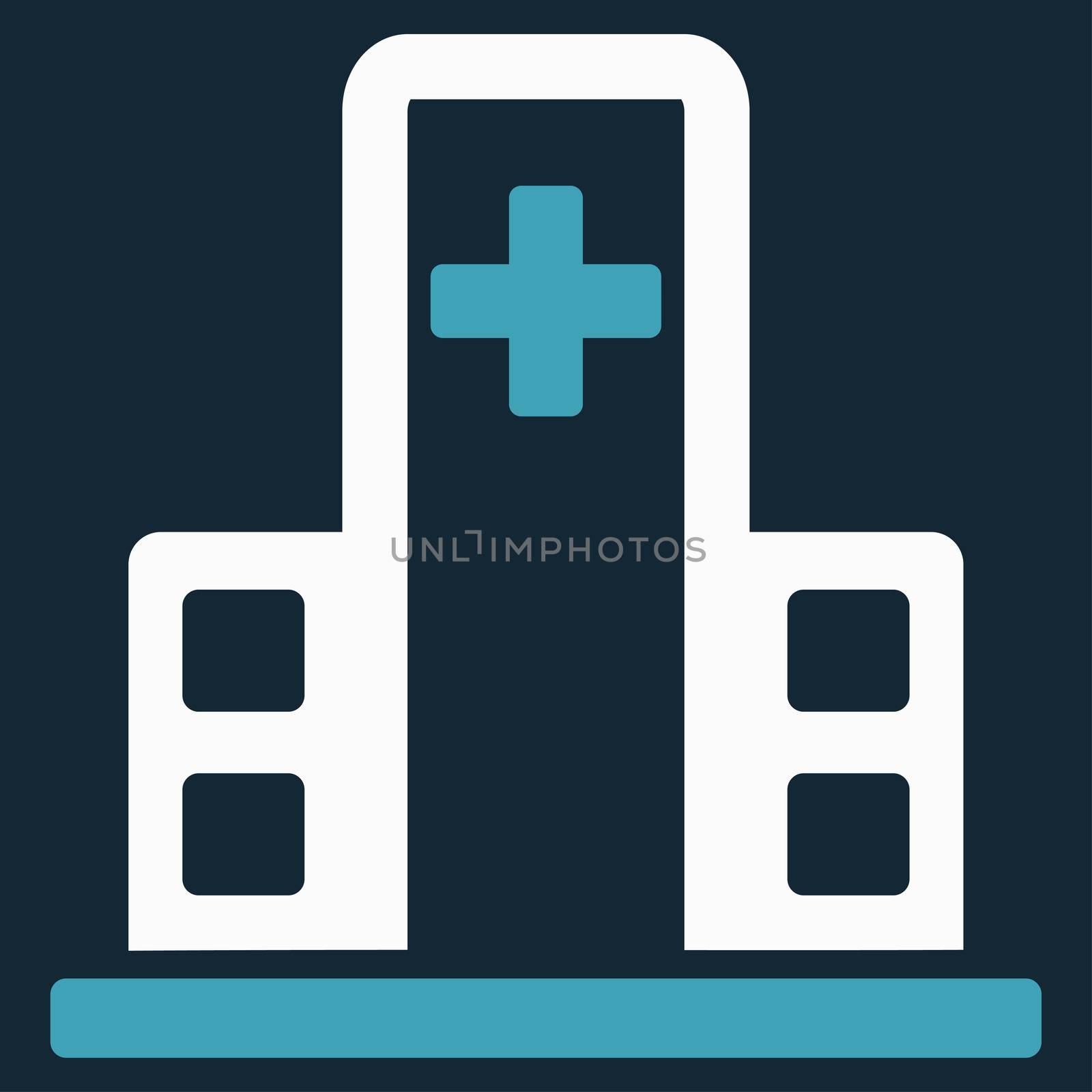 Hospital Building raster icon. Style is bicolor flat symbol, blue and white colors, rounded angles, dark blue background.