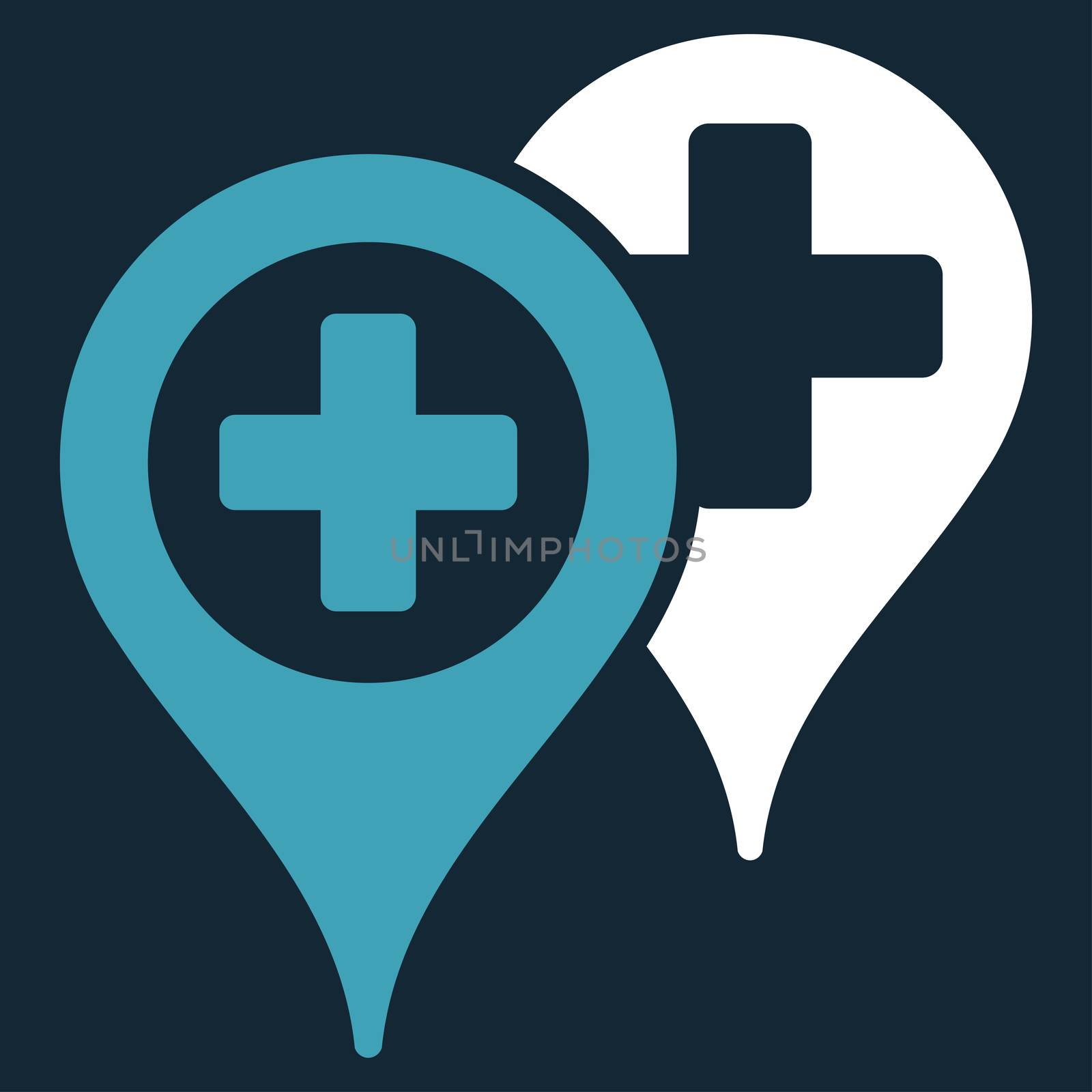 Hospital Map Markers raster icon. Style is bicolor flat symbol, blue and white colors, rounded angles, dark blue background.