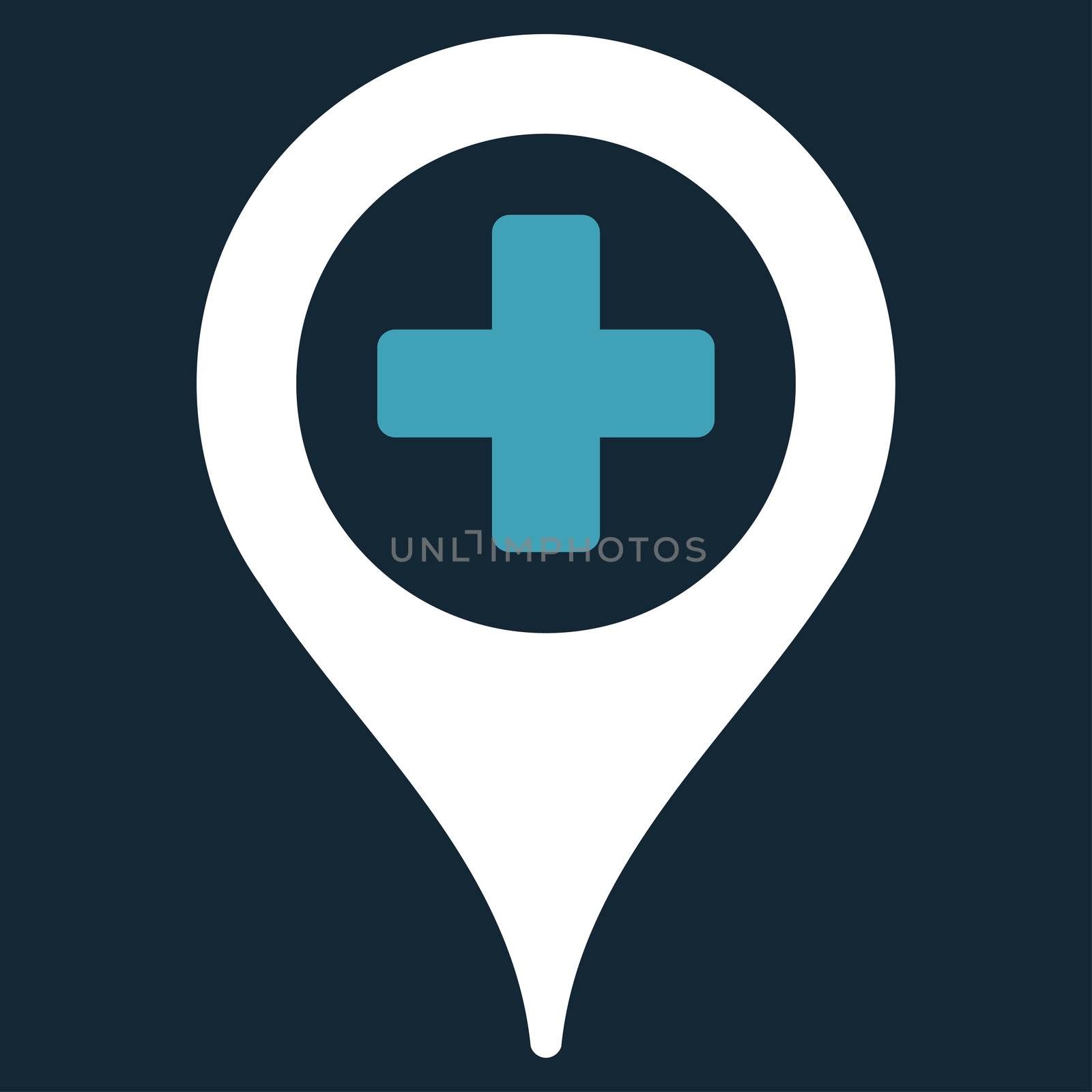 Hospital Map Pointer raster icon. Style is bicolor flat symbol, blue and white colors, rounded angles, dark blue background.