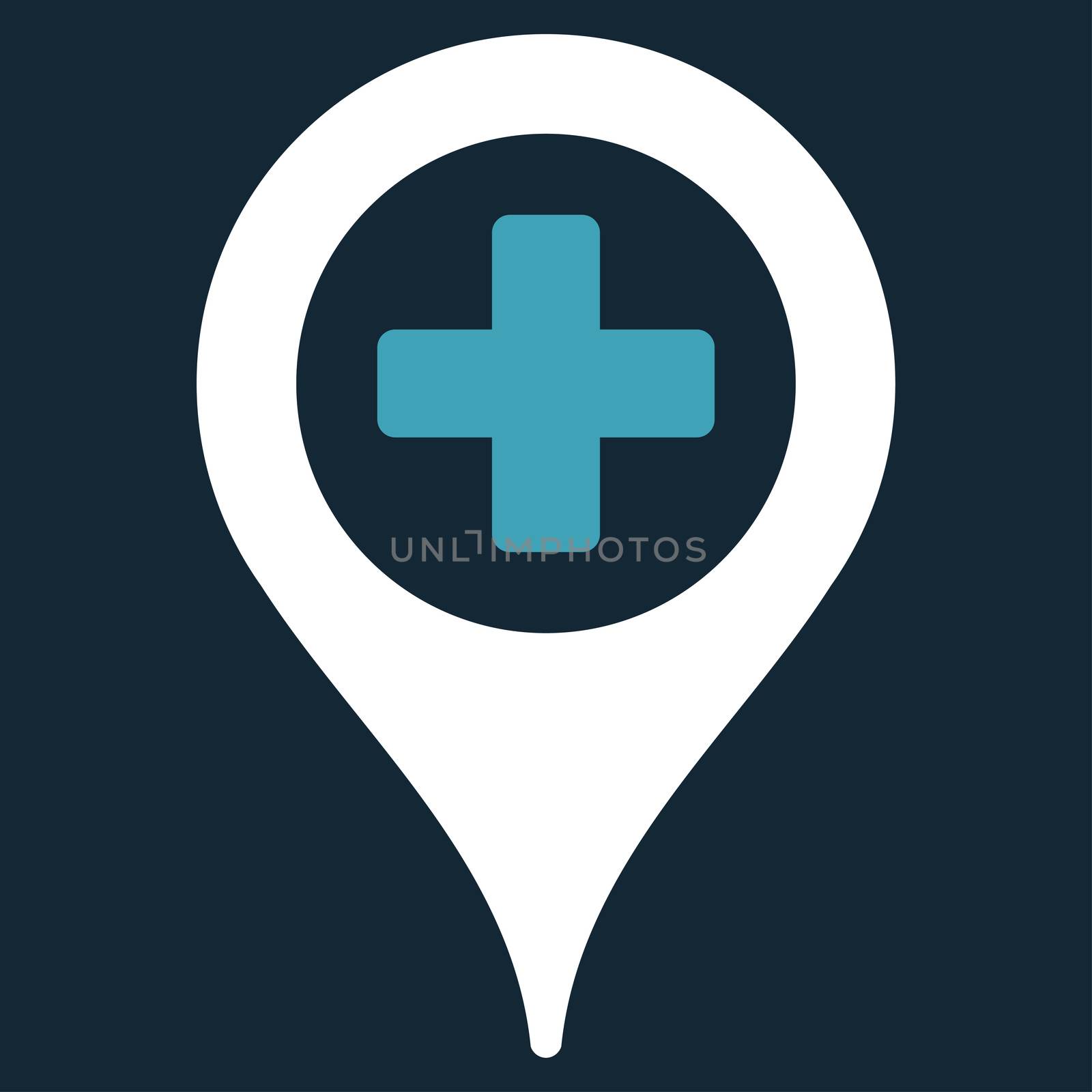 Hospital Map Pointer raster icon. Style is bicolor flat symbol, blue and white colors, rounded angles, dark blue background.