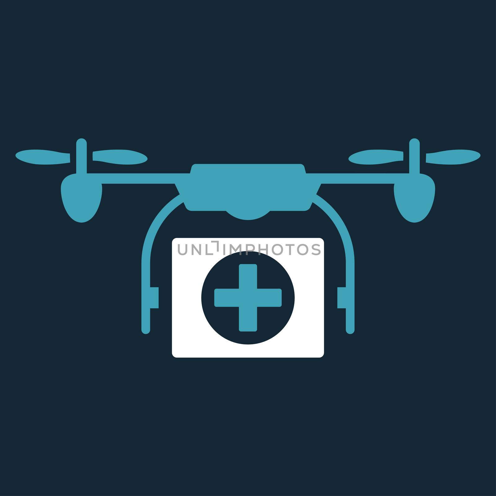 Medical Drone raster icon. Style is bicolor flat symbol, blue and white colors, rounded angles, dark blue background.