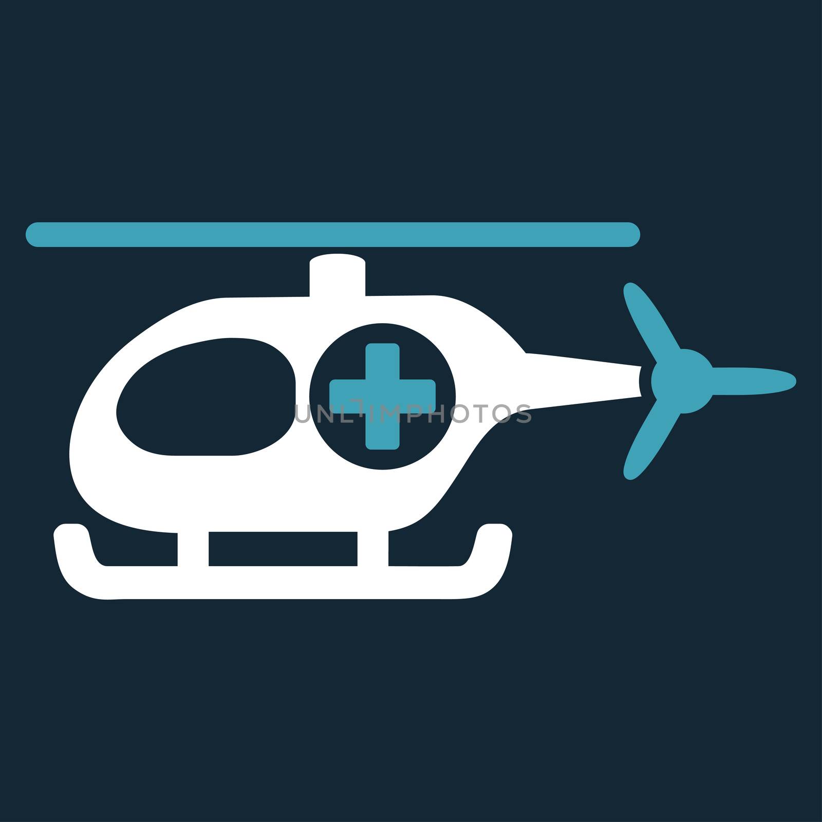 Medical Helicopter raster icon. Style is bicolor flat symbol, blue and white colors, rounded angles, dark blue background.