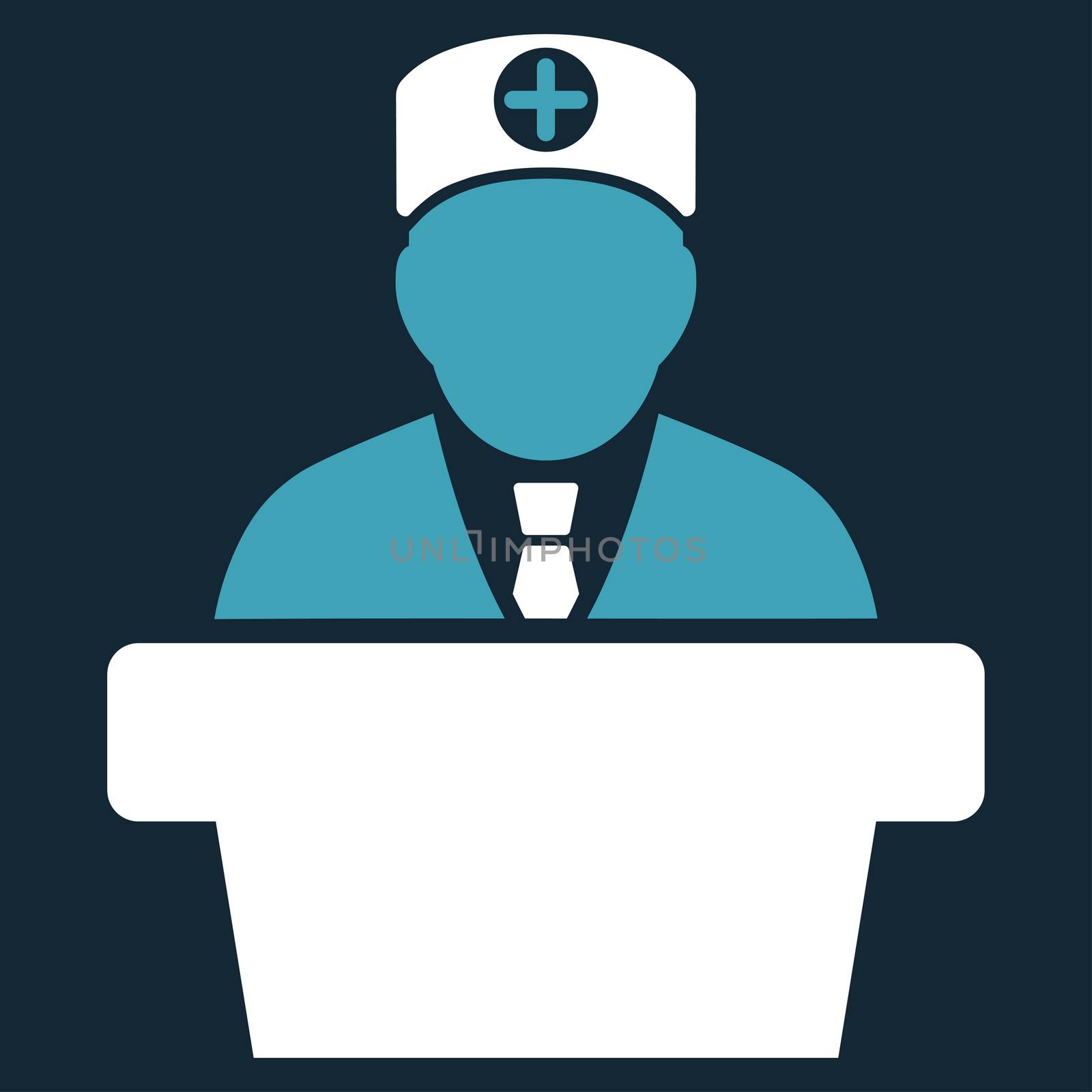 Medical Official Lecture raster icon. Style is bicolor flat symbol, blue and white colors, rounded angles, dark blue background.