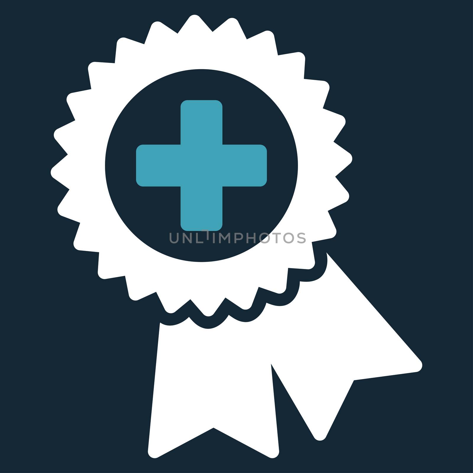 Medical Quality Seal raster icon. Style is bicolor flat symbol, blue and white colors, rounded angles, dark blue background.