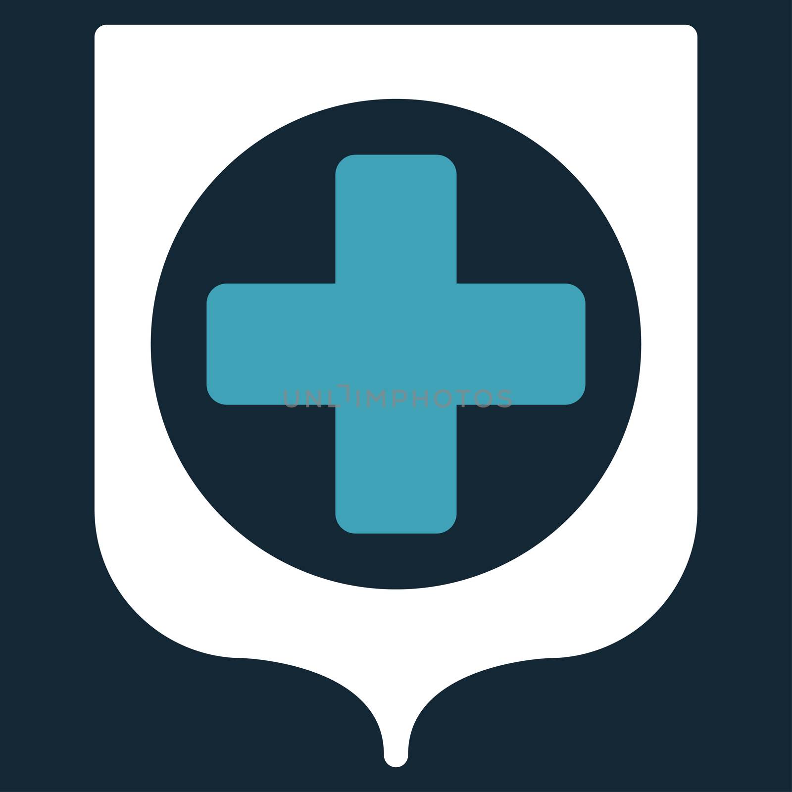 Medical Shield raster icon. Style is bicolor flat symbol, blue and white colors, rounded angles, dark blue background.