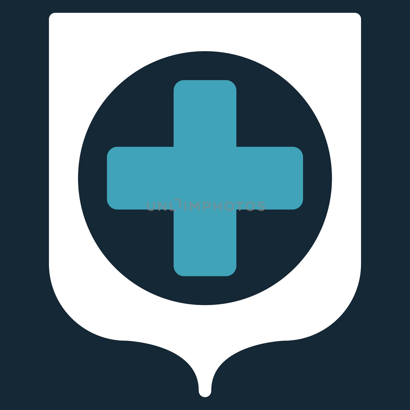 Medical Shield raster icon. Style is bicolor flat symbol, blue and white colors, rounded angles, dark blue background.