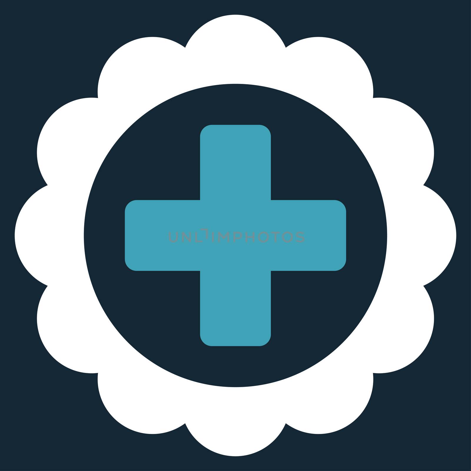 Medical Sticker raster icon. Style is bicolor flat symbol, blue and white colors, rounded angles, dark blue background.