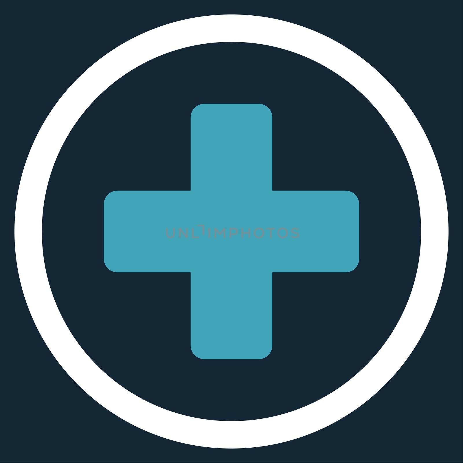 Rounded Plus raster icon. Style is bicolor flat symbol, blue and white colors, rounded angles, dark blue background.
