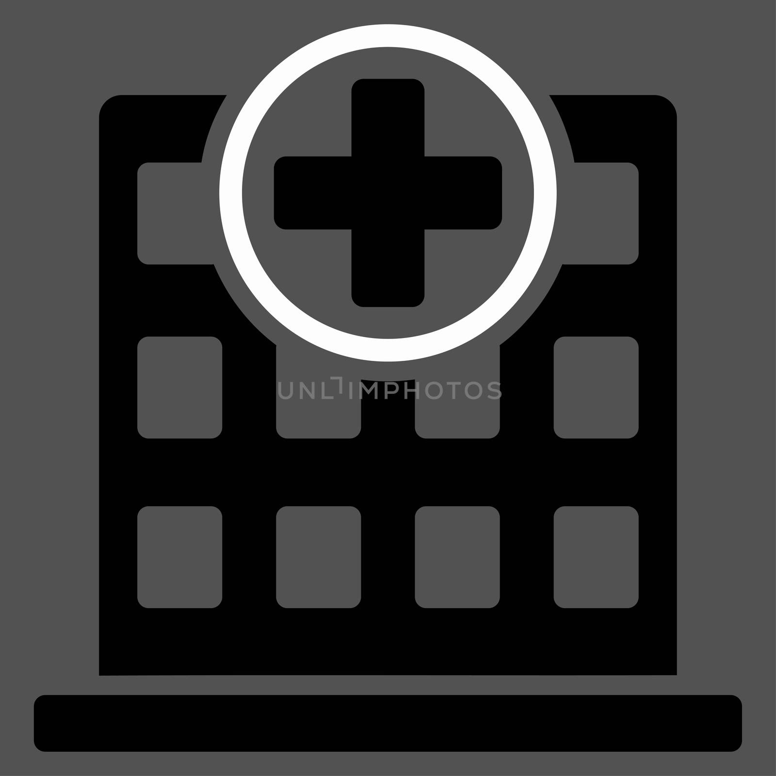 Clinic Building raster icon. Style is bicolor flat symbol, black and white colors, rounded angles, gray background.