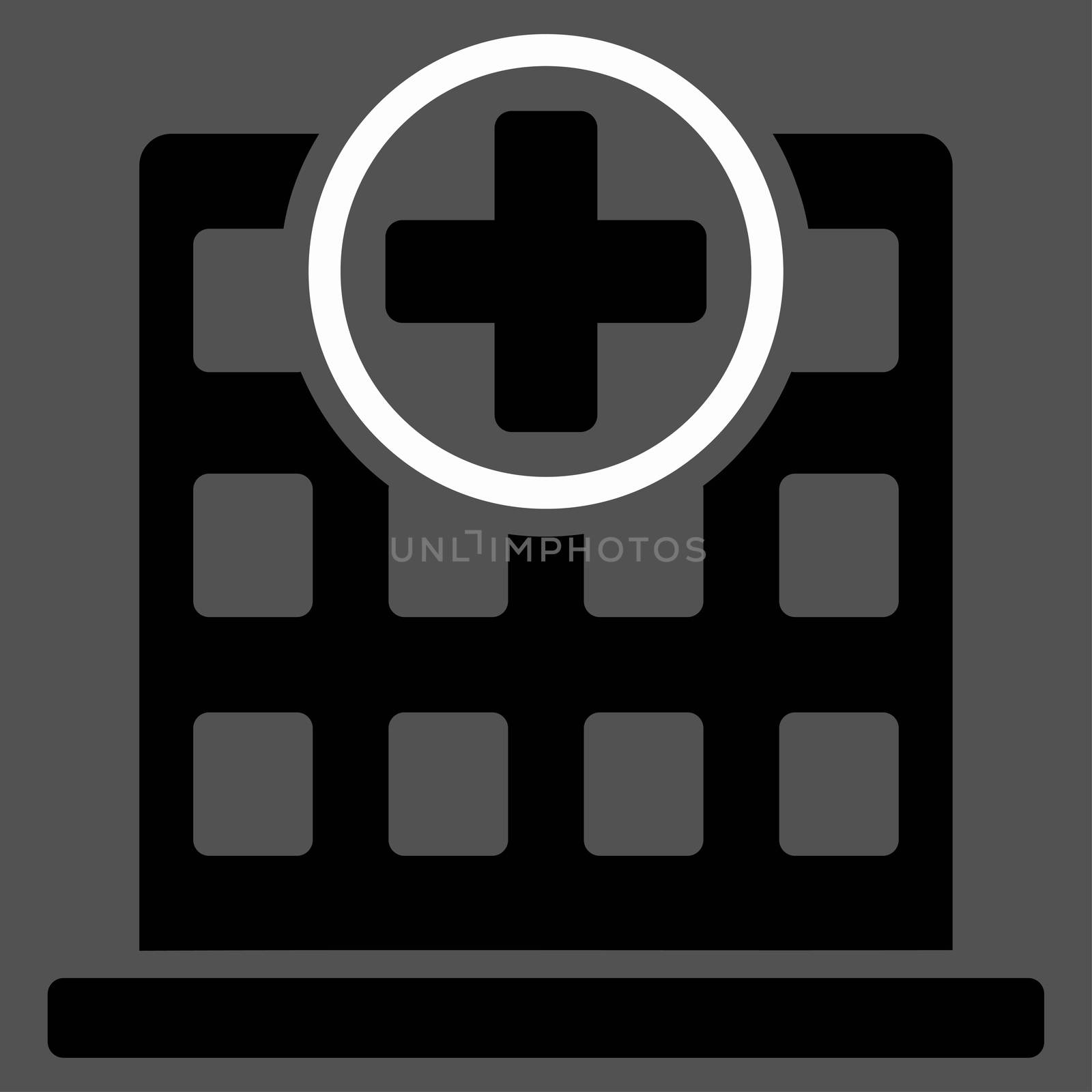 Clinic Building raster icon. Style is bicolor flat symbol, black and white colors, rounded angles, gray background.