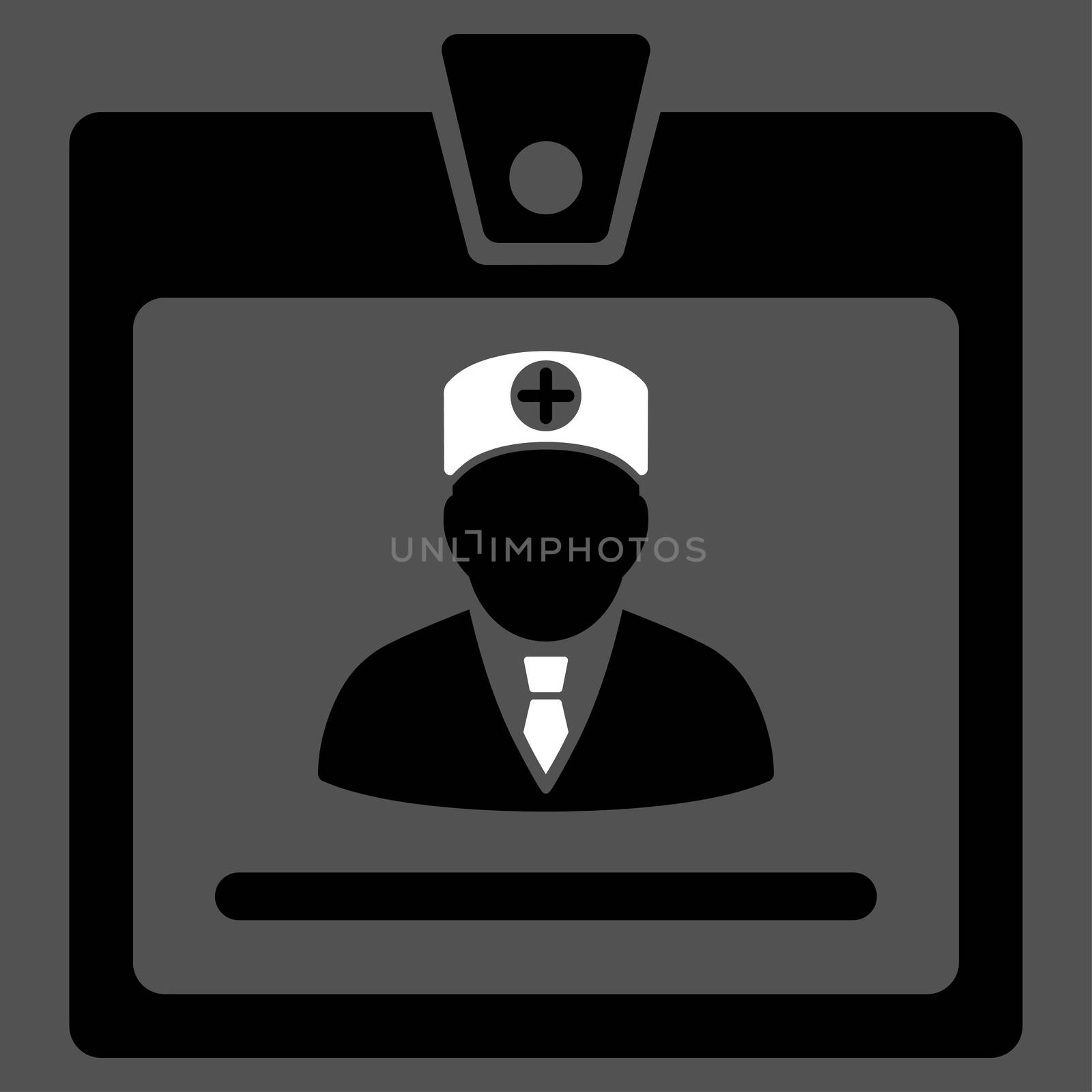 Doctor Badge raster icon. Style is bicolor flat symbol, black and white colors, rounded angles, gray background.