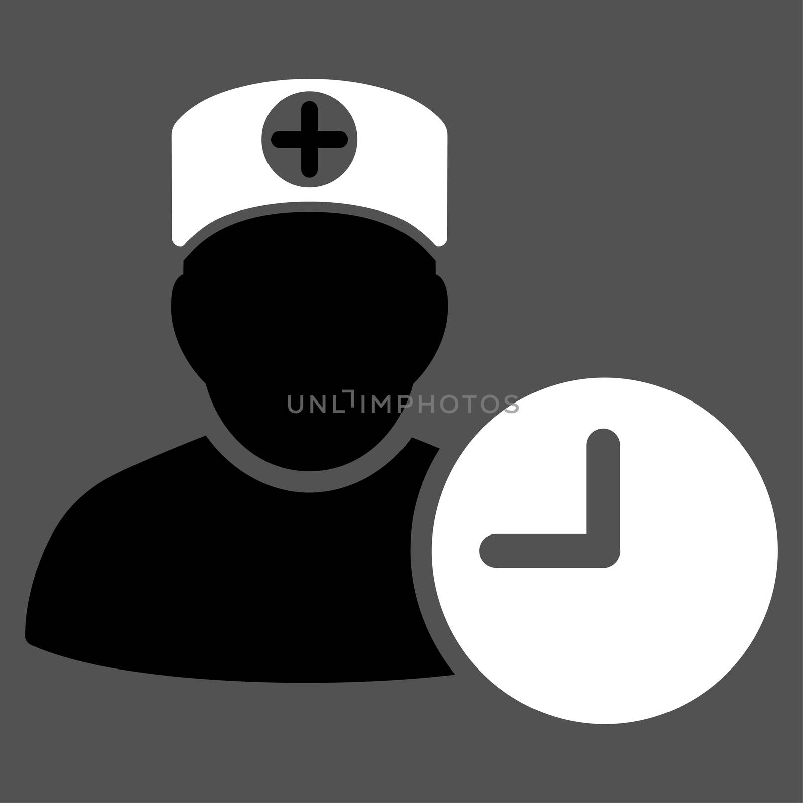 Doctor Schedule raster icon. Style is bicolor flat symbol, black and white colors, rounded angles, gray background.