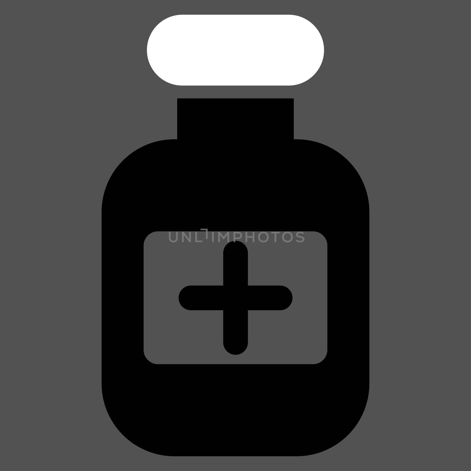 Drugs Bottle raster icon. Style is bicolor flat symbol, black and white colors, rounded angles, gray background.
