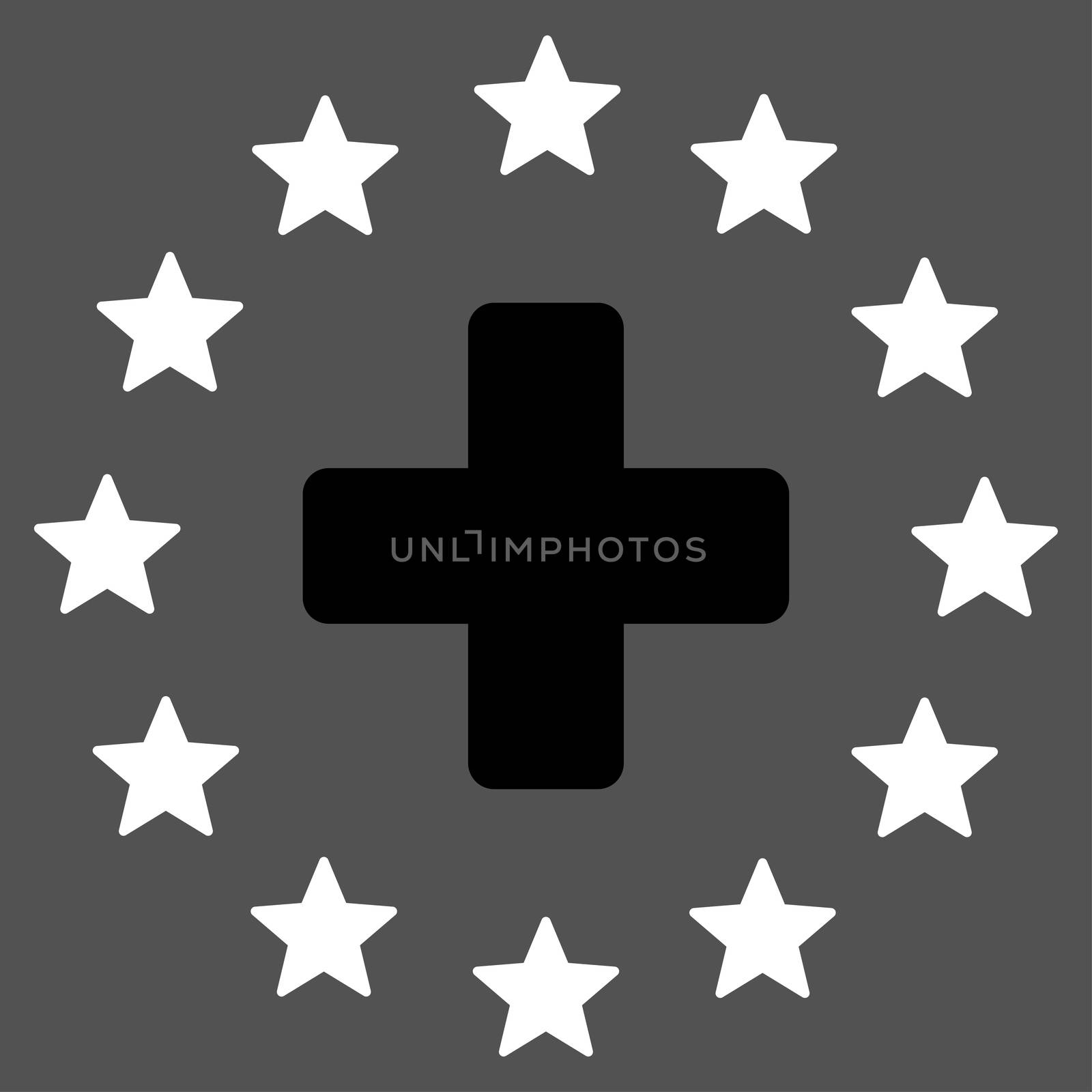 Euro Medicine raster icon. Style is bicolor flat symbol, black and white colors, rounded angles, gray background.
