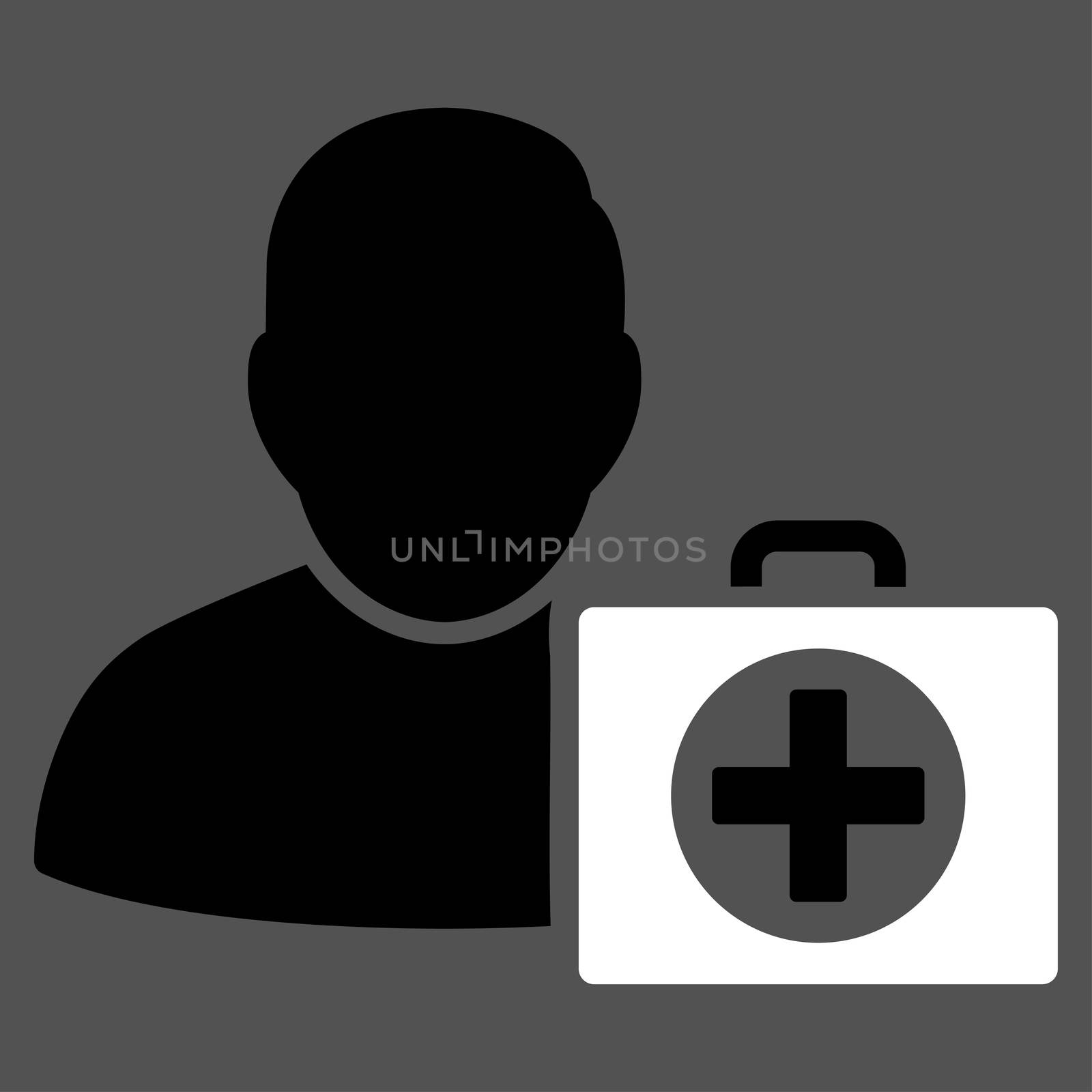 First Aid Man raster icon. Style is bicolor flat symbol, black and white colors, rounded angles, gray background.