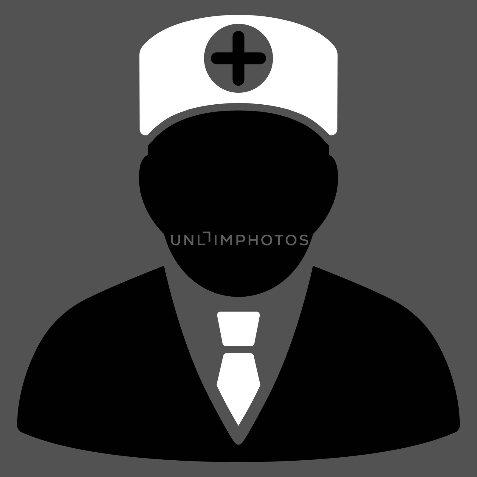 Head Physician raster icon. Style is bicolor flat symbol, black and white colors, rounded angles, gray background.
