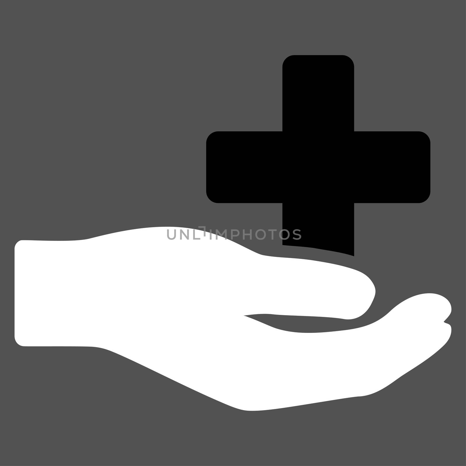 Health Care Donation raster icon. Style is bicolor flat symbol, black and white colors, rounded angles, gray background.