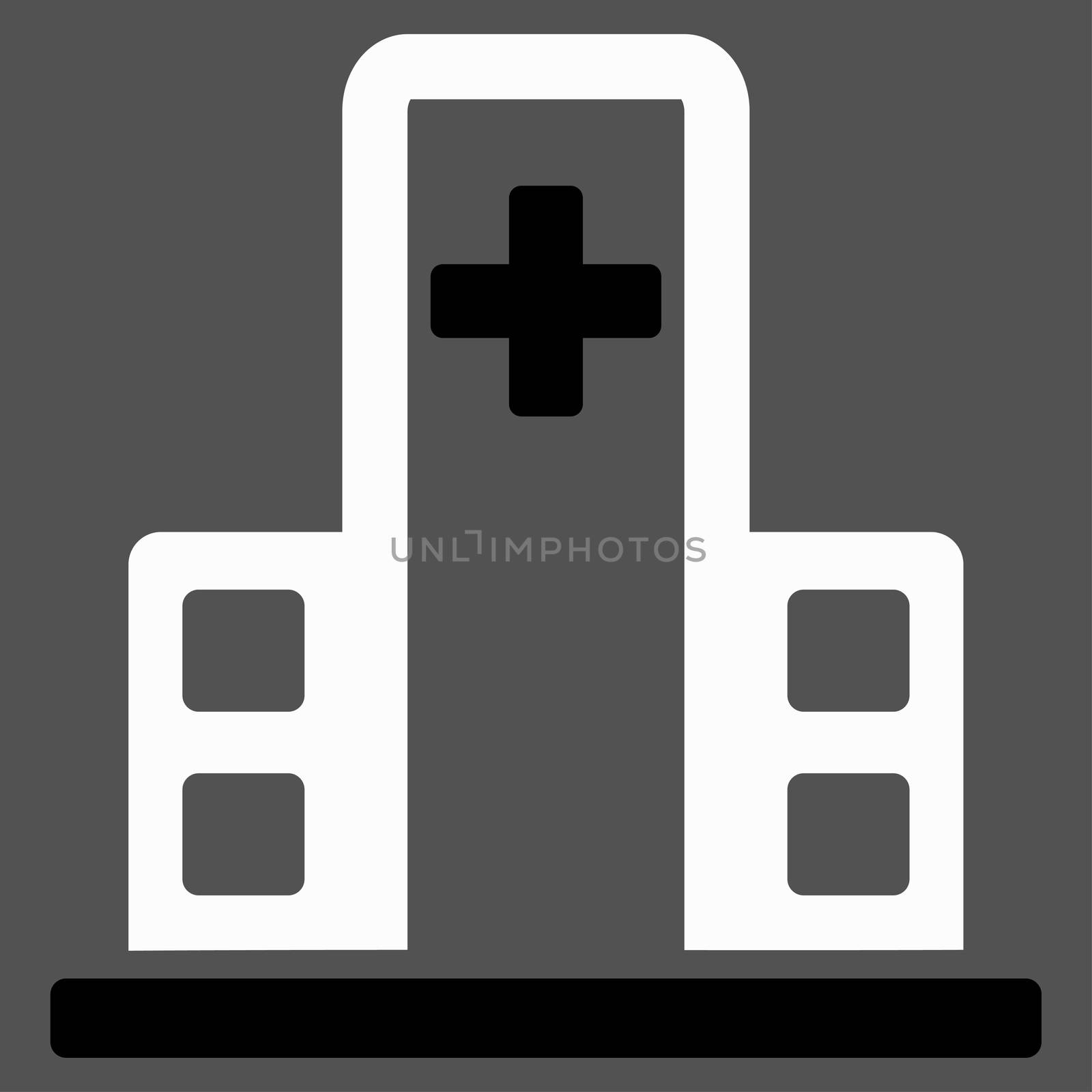 Hospital Building raster icon. Style is bicolor flat symbol, black and white colors, rounded angles, gray background.