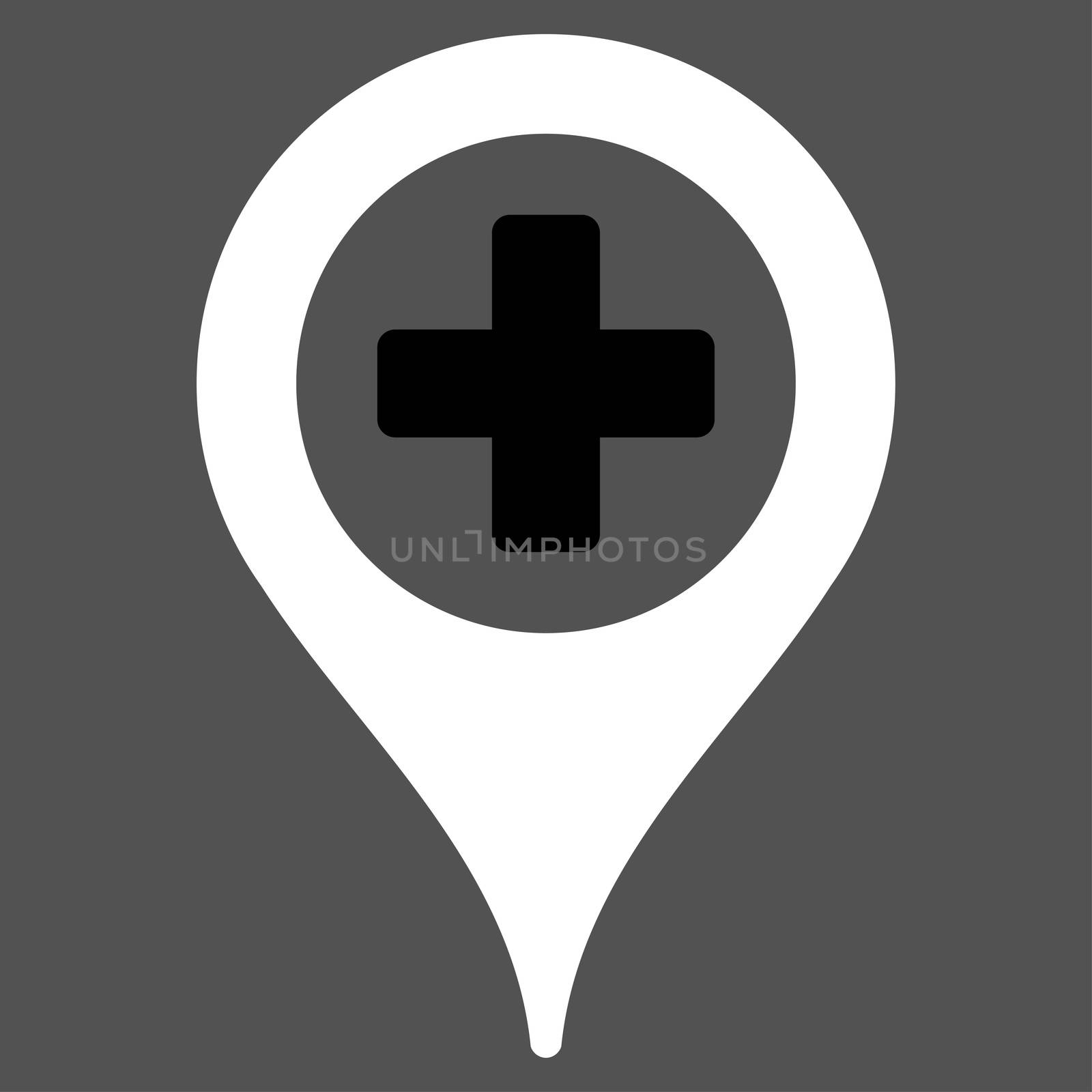 Hospital Map Pointer raster icon. Style is bicolor flat symbol, black and white colors, rounded angles, gray background.