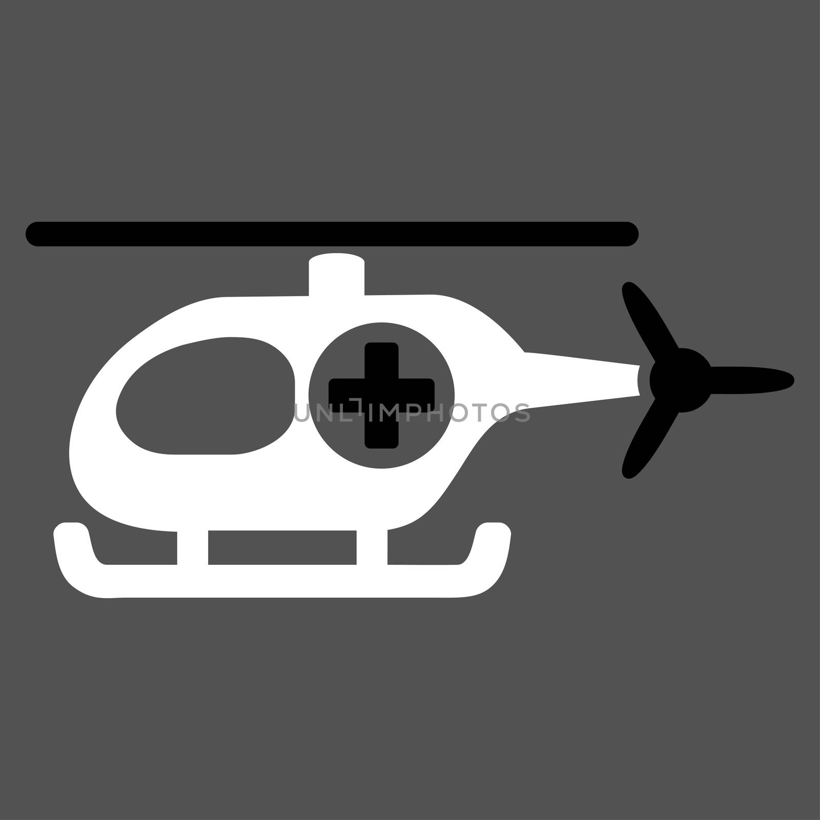 Medical Helicopter raster icon. Style is bicolor flat symbol, black and white colors, rounded angles, gray background.