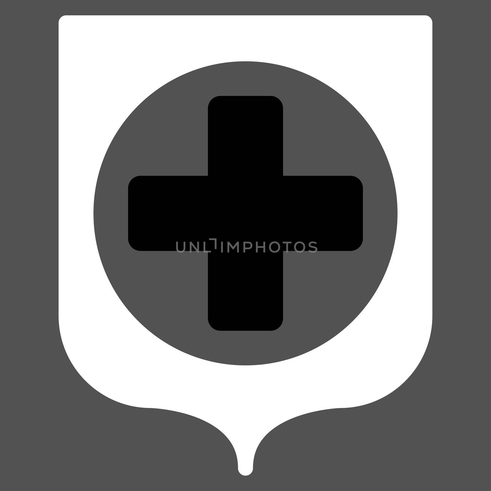 Medical Shield raster icon. Style is bicolor flat symbol, black and white colors, rounded angles, gray background.