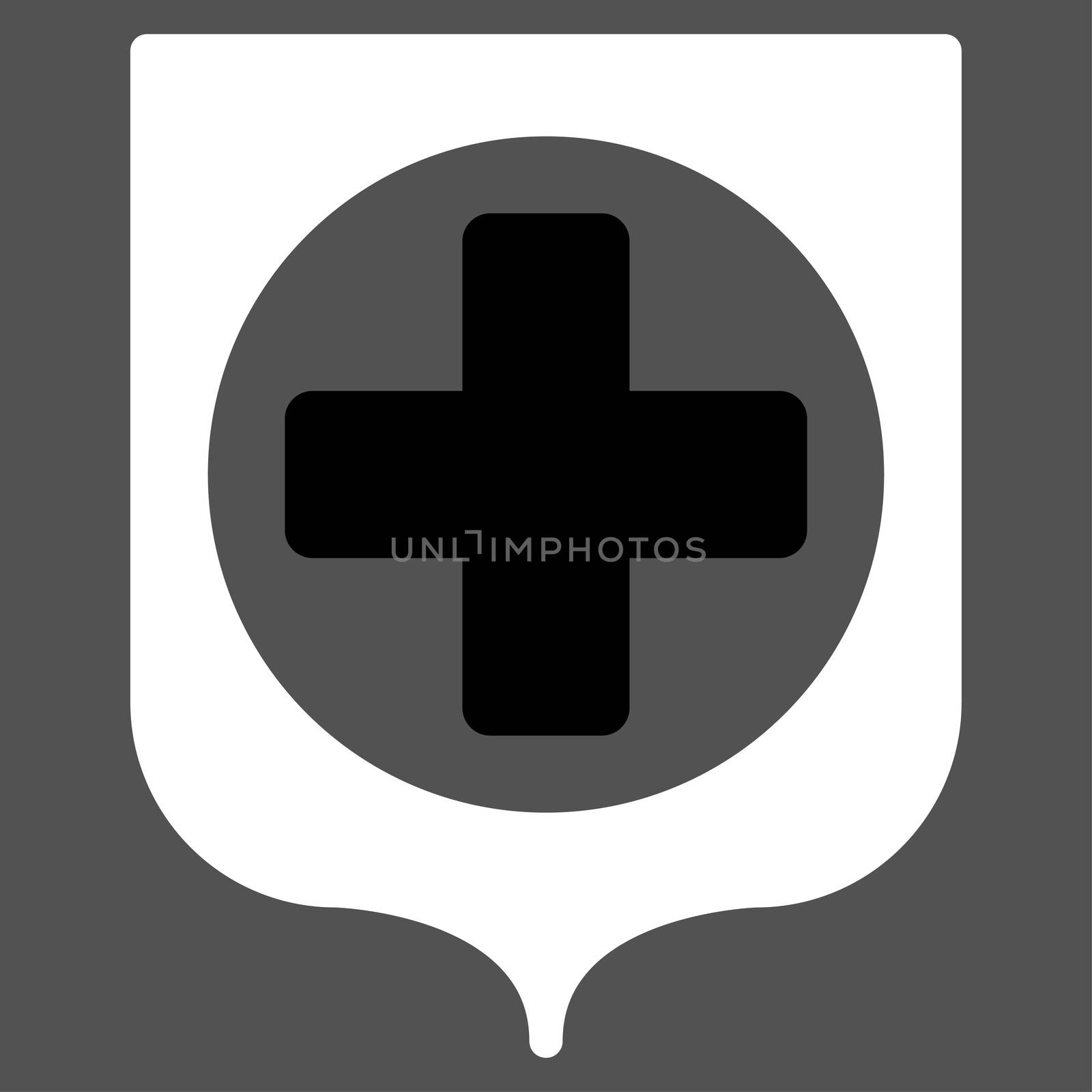 Medical Shield raster icon. Style is bicolor flat symbol, black and white colors, rounded angles, gray background.