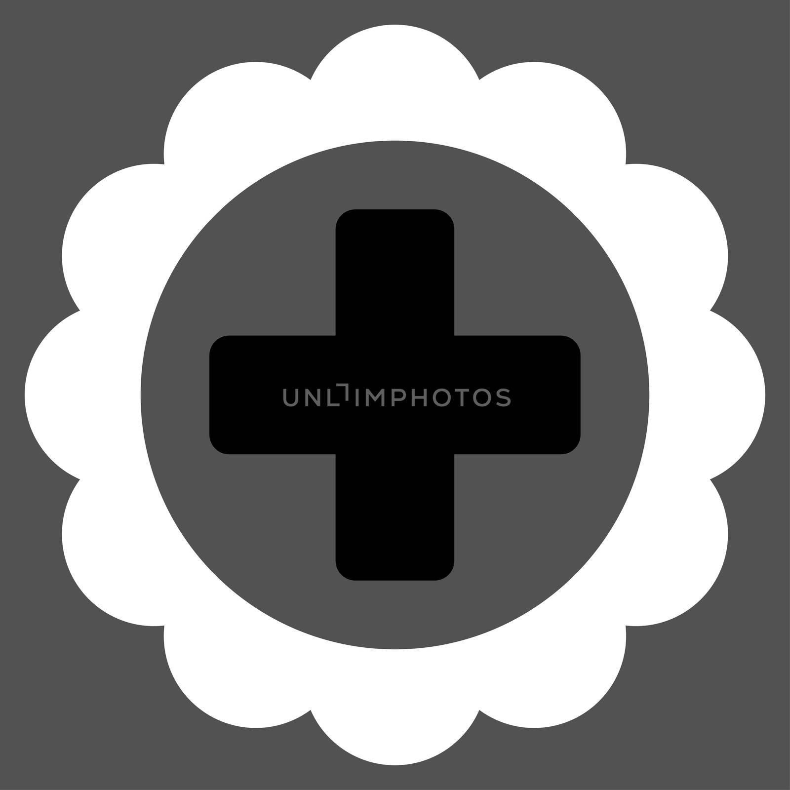 Medical Sticker raster icon. Style is bicolor flat symbol, black and white colors, rounded angles, gray background.
