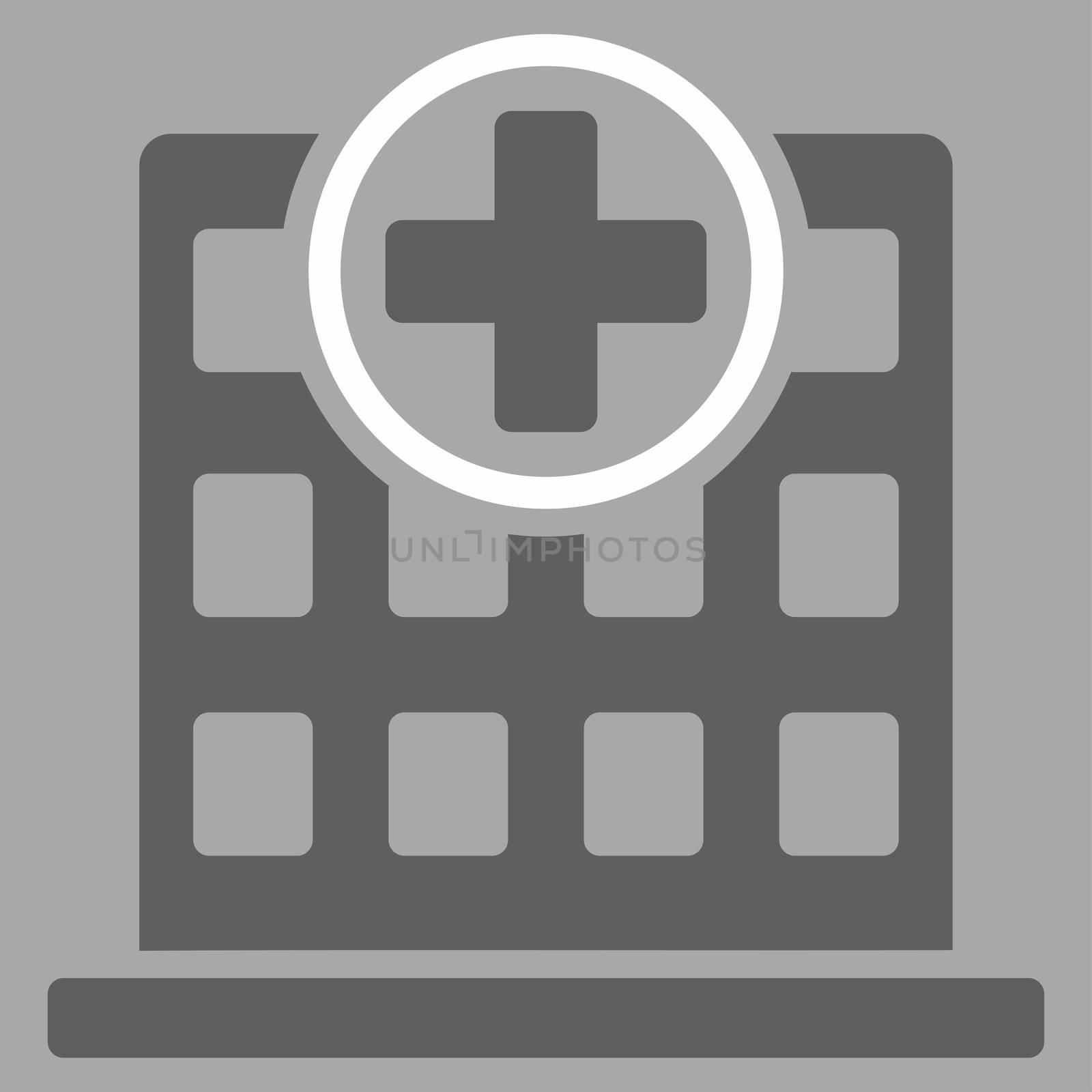 Clinic Building raster icon. Style is bicolor flat symbol, dark gray and white colors, rounded angles, silver background.