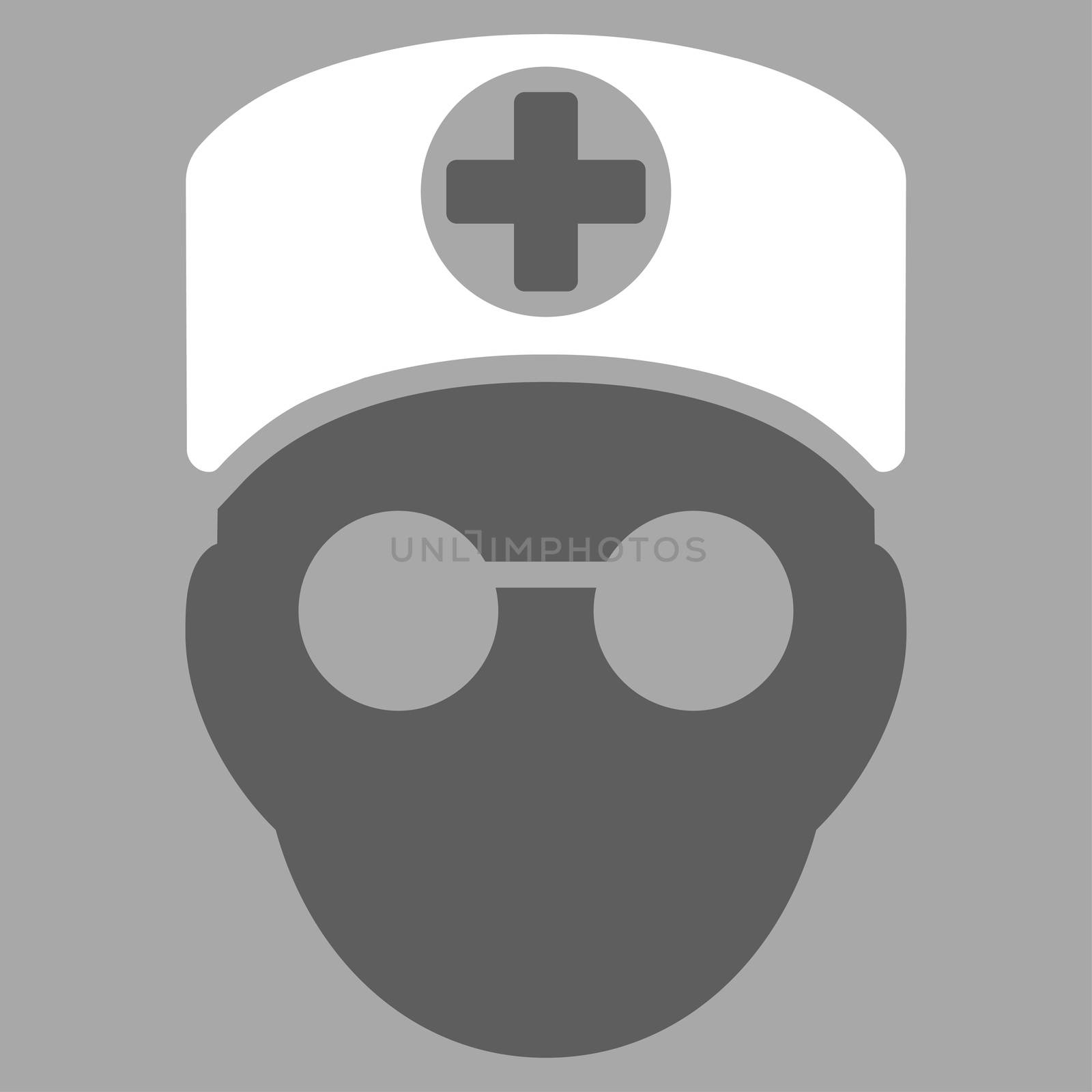 Doctor Head raster icon. Style is bicolor flat symbol, dark gray and white colors, rounded angles, silver background.