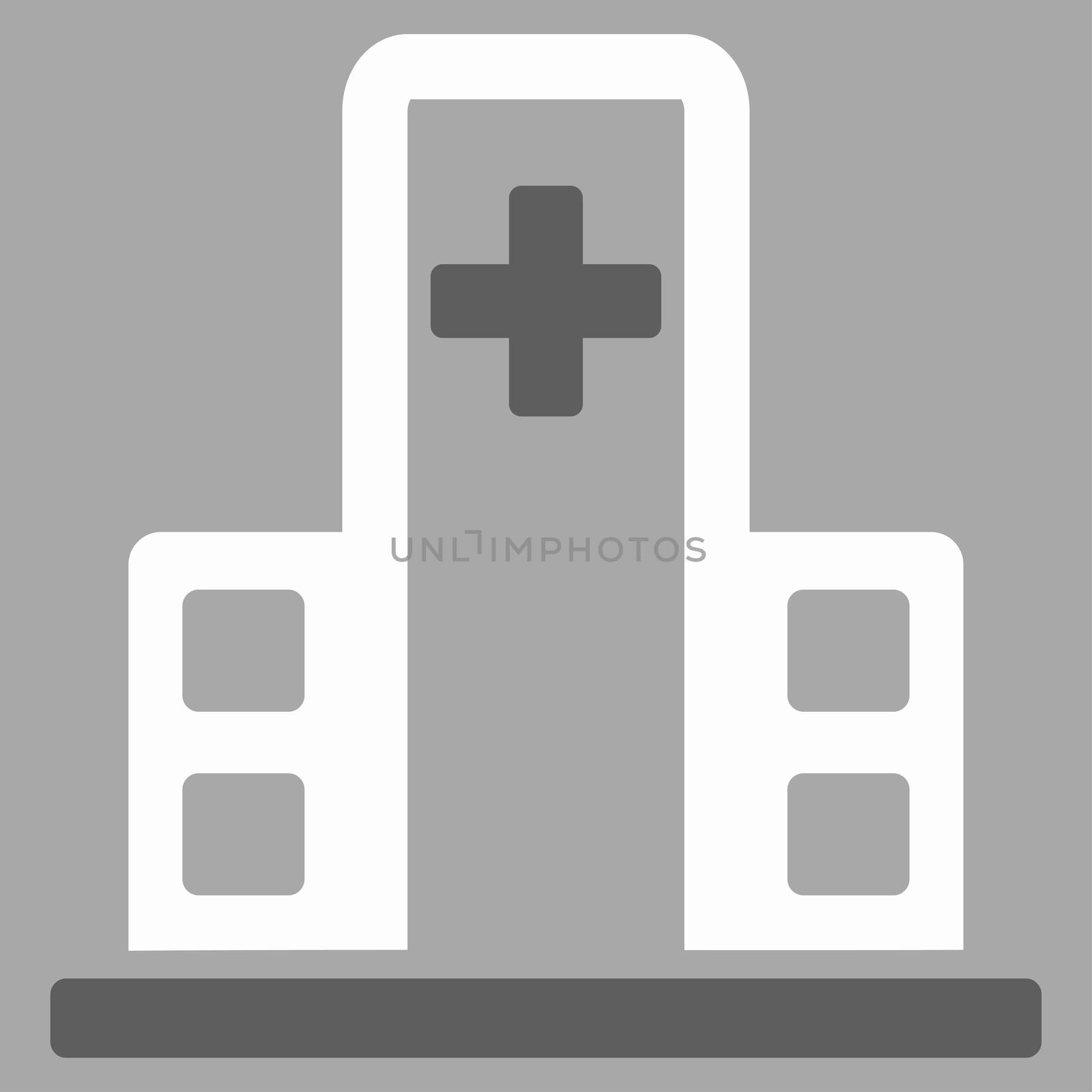 Hospital Building raster icon. Style is bicolor flat symbol, dark gray and white colors, rounded angles, silver background.