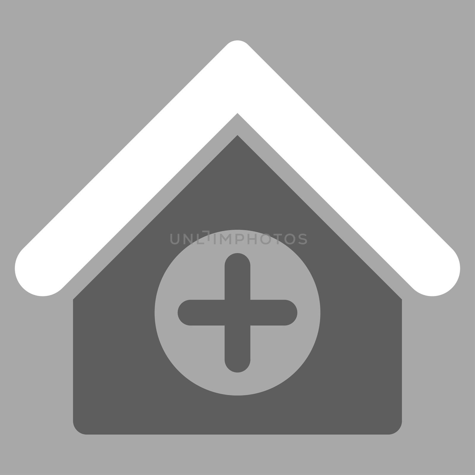 Hospital raster icon. Style is bicolor flat symbol, dark gray and white colors, rounded angles, silver background.