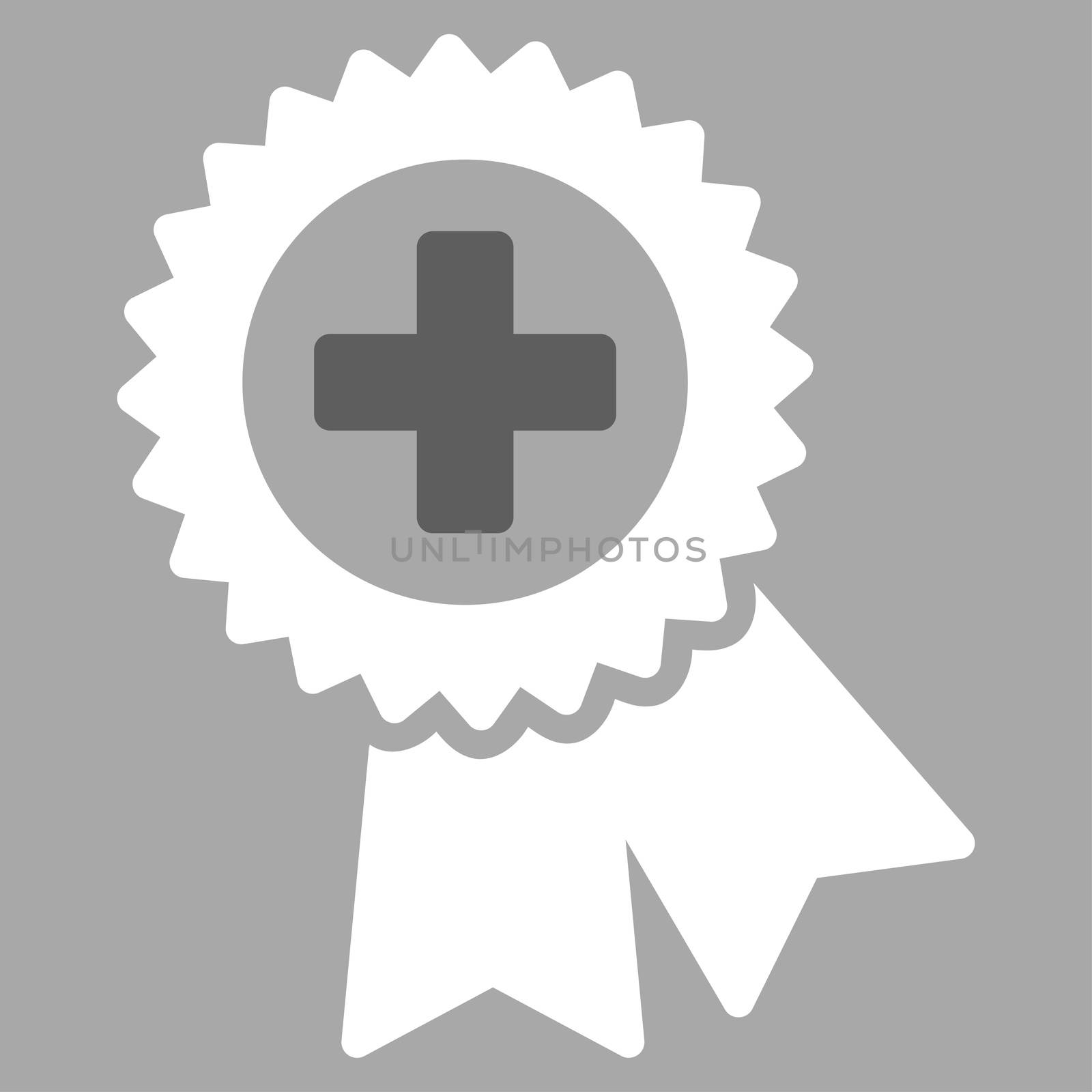 Medical Quality Seal raster icon. Style is bicolor flat symbol, dark gray and white colors, rounded angles, silver background.