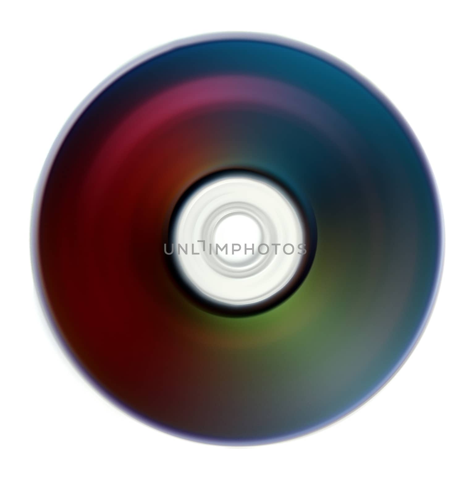 A metaphorical image of a spinning compact disc or DVD on an isolated white studio background.