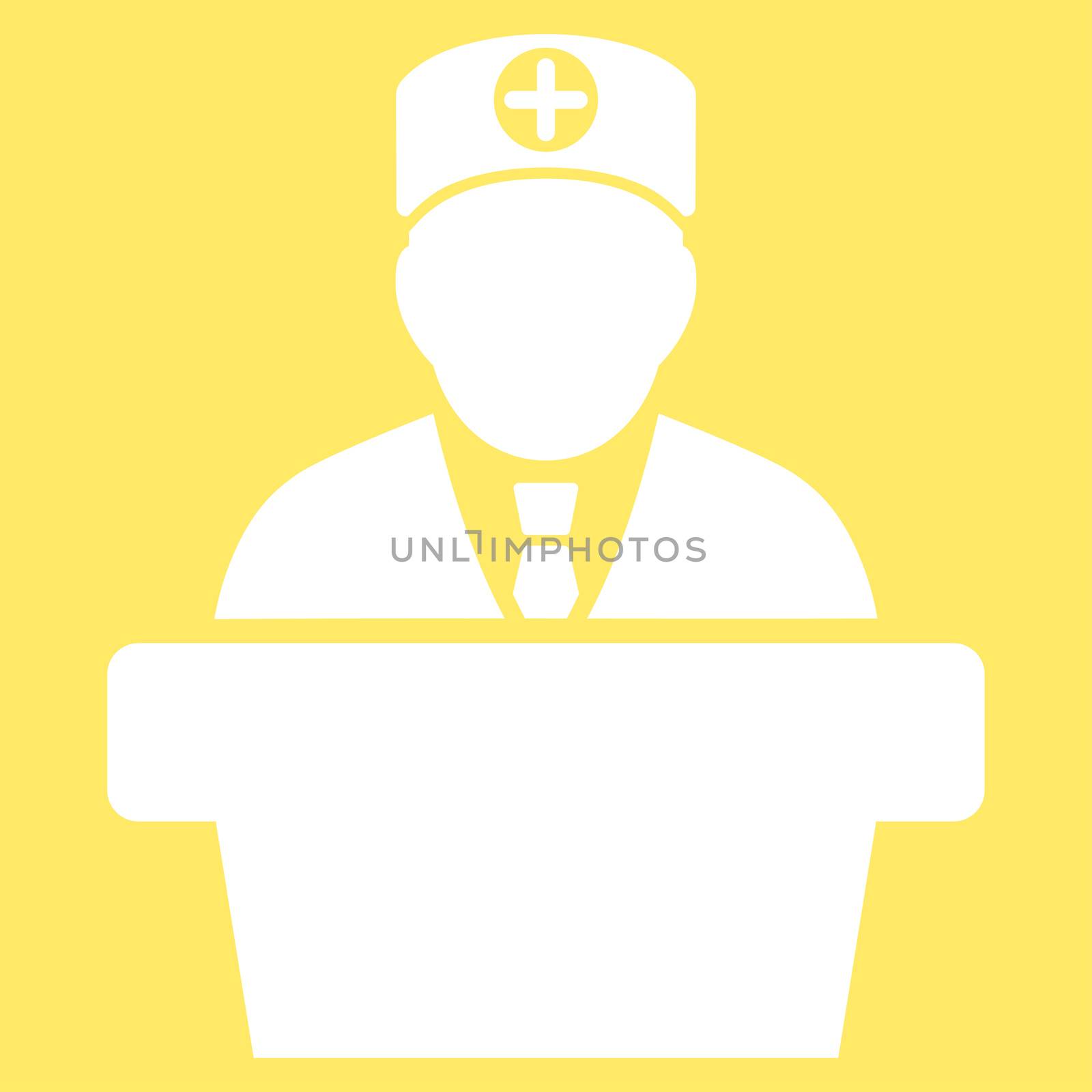 Medical Official Lecture raster icon. Style is flat symbol, white color, rounded angles, yellow background.