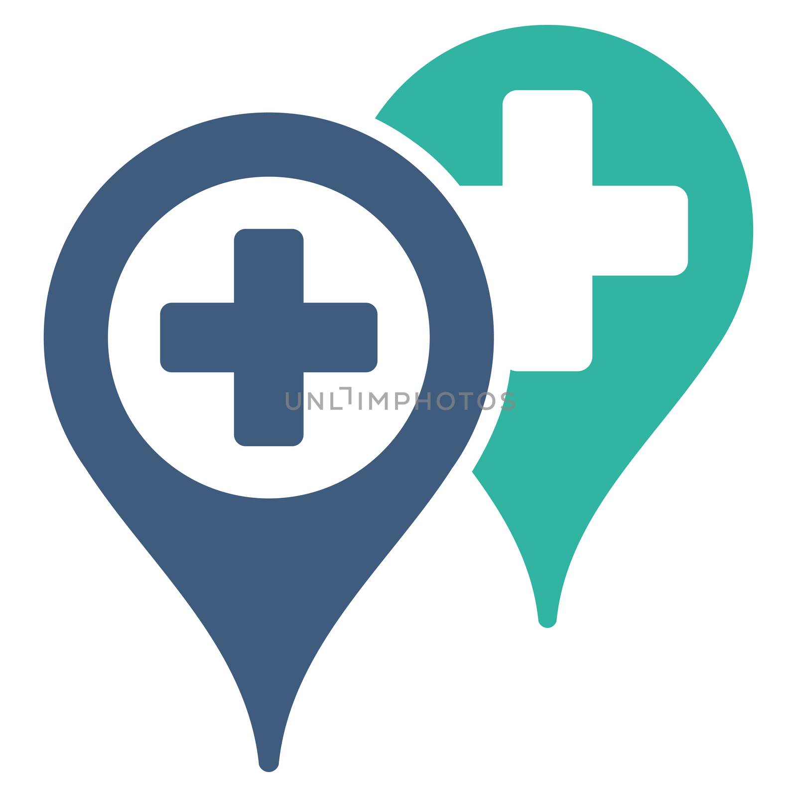Hospital Map Markers raster icon. Style is bicolor flat symbol, cobalt and cyan colors, rounded angles, white background.