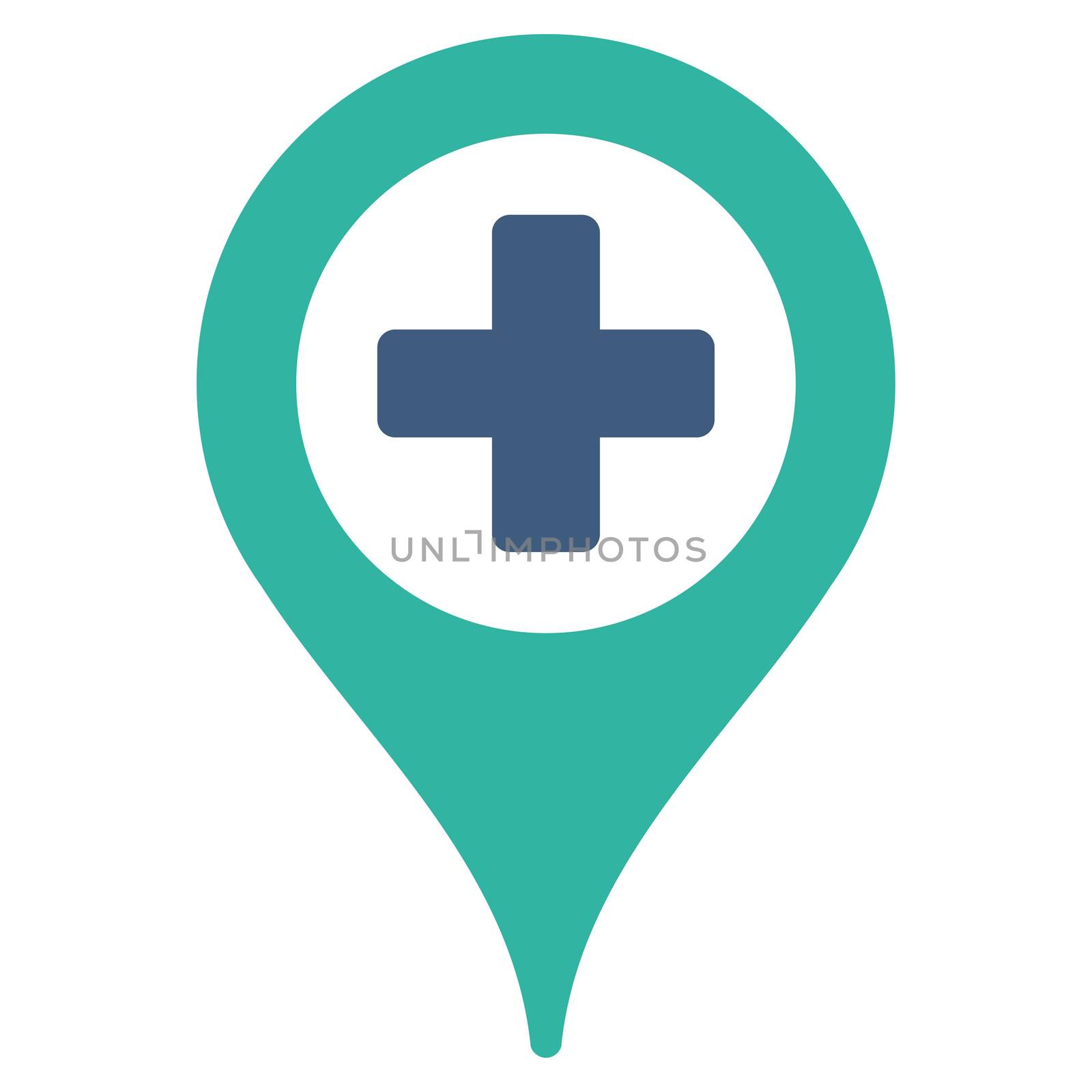 Hospital Map Pointer raster icon. Style is bicolor flat symbol, cobalt and cyan colors, rounded angles, white background.