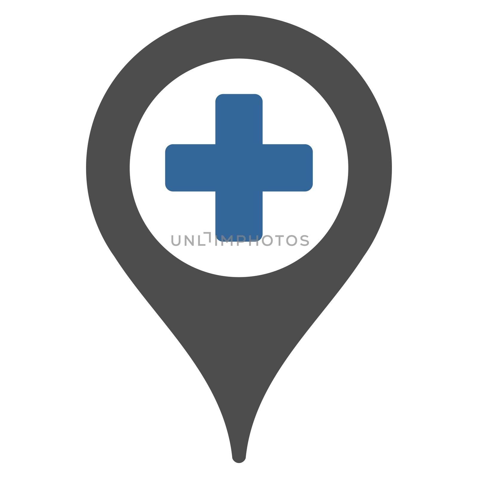 Hospital Map Pointer raster icon. Style is bicolor flat symbol, cobalt and gray colors, rounded angles, white background.